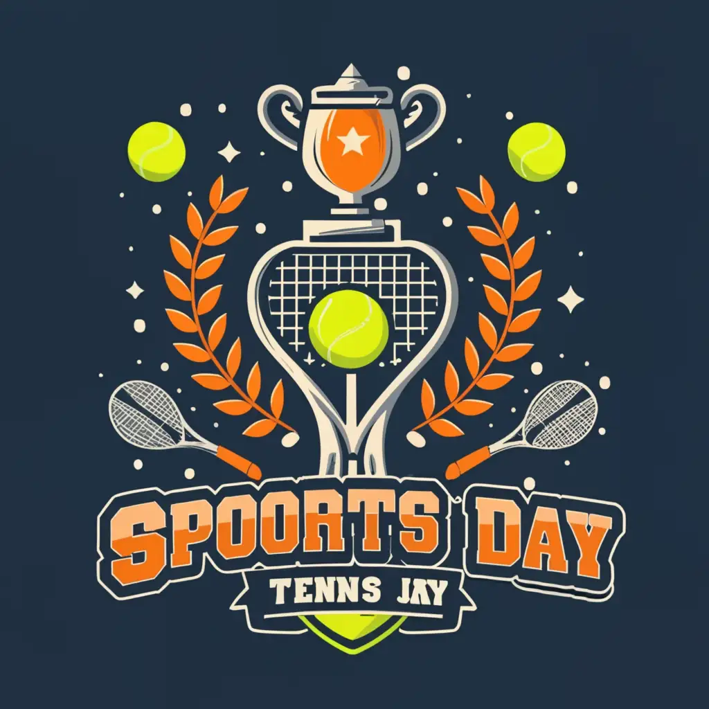 a logo design,with the text "K3-2 Sports Day", main symbol:The shirt features a vibrant design centered around a tennis theme. In the foreground, a tennis racket stands tall, flanked by two tennis balls, all depicted in bold, dynamic colors. Above them, a trophy emblem gleams proudly, symbolizing victory and achievement. Beneath the emblem, the text "K3-2 Sports Day 2024" is elegantly inscribed, capturing the essence of the event and the year it took place. The composition exudes energy and excitement, perfectly encapsulating the spirit of tennis and the thrill of competition.,Moderate,clear background