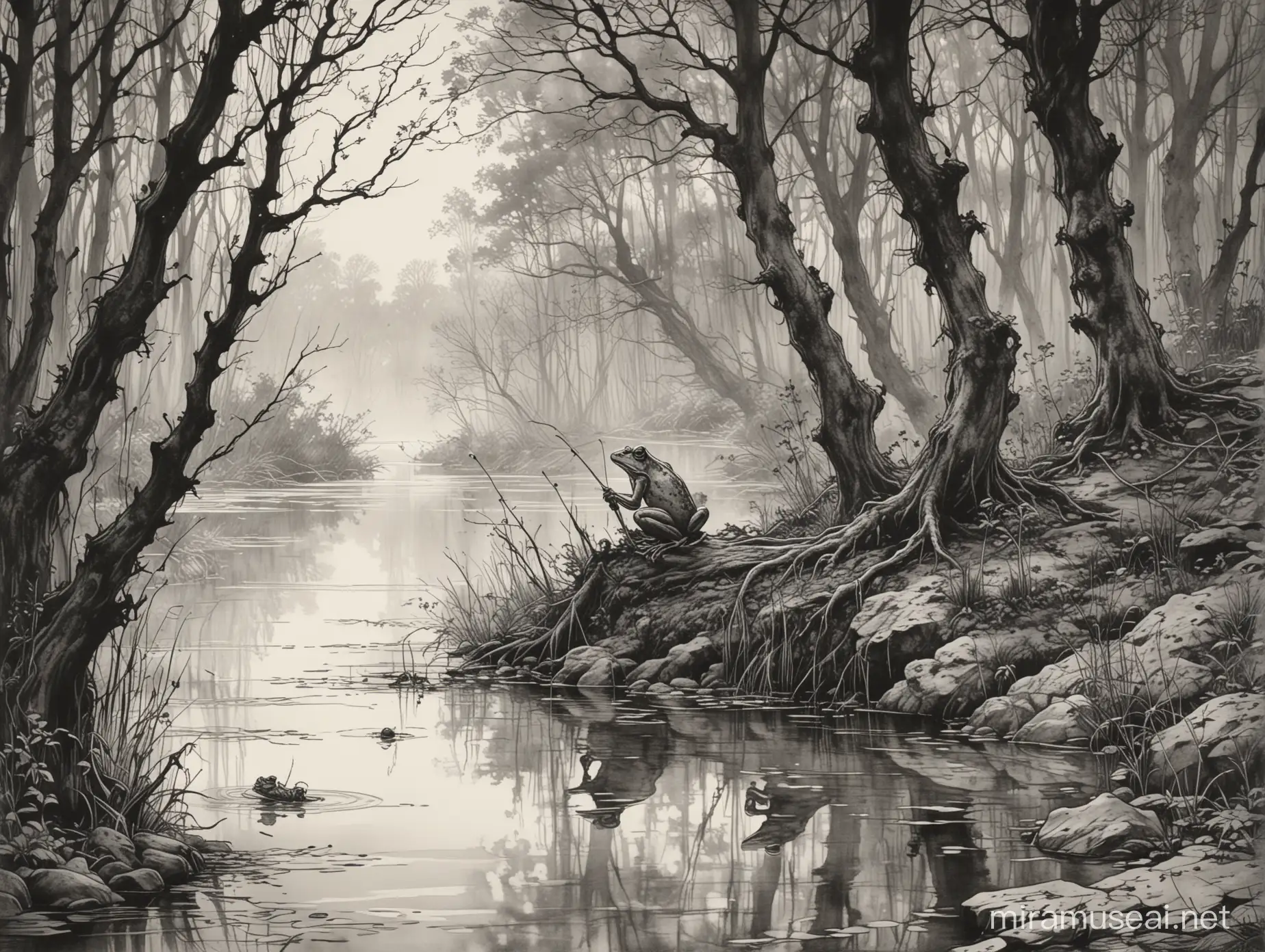 frog fishing on a riverbank, forest, old trees, ink, black and white, arthur rackham style