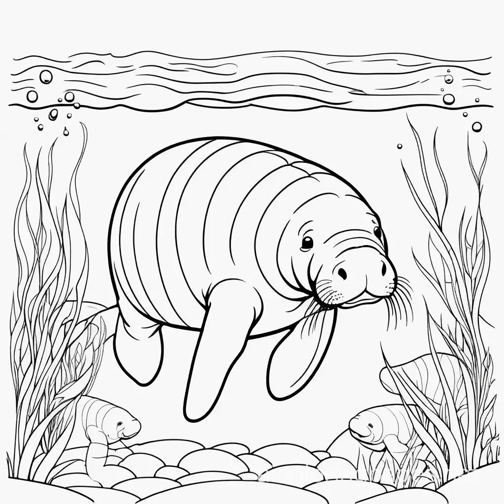 Manatee-Swimming-Coloring-Page-Simple-Line-Art-on-White-Background
