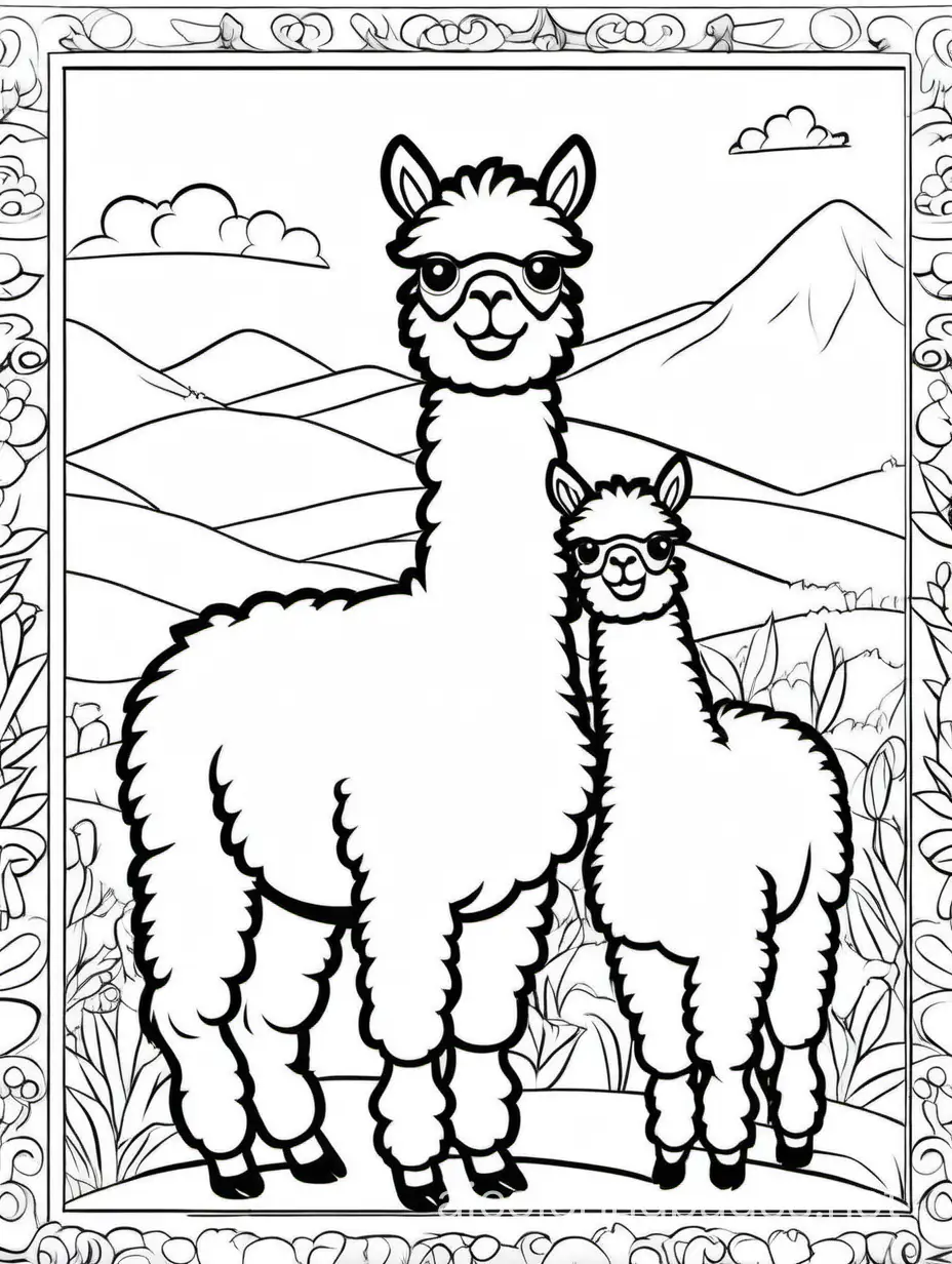 cute Alpaca

 with his son for kids, Coloring Page, black and white, line art, white background, Simplicity, Ample White Space. The background of the coloring page is plain white to make it easy for young children to color within the lines. The outlines of all the subjects are easy to distinguish, making it simple for kids to color without too much difficulty