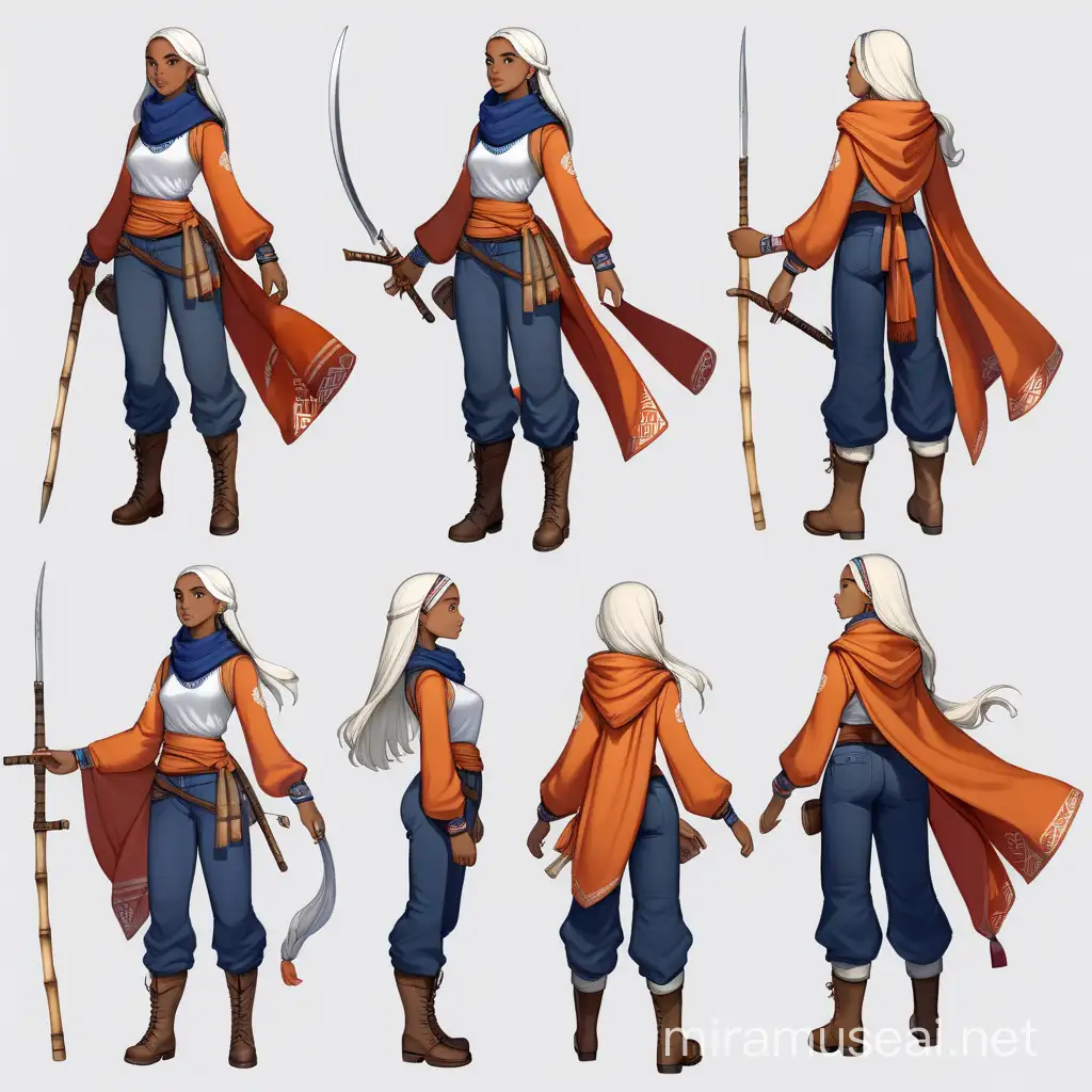 (multiple views full body upper body reference sheet:1) a young woman from the Air nation, with light brown skin, white long hair, desi nose, blue eyes, she is wearing a dark sapphire blue shirt and brown trousers covering her whole body, with Eastern boots, dark red scarf, a Vermilion orange cowl and a bamboo hat, she carries a sword on her back
