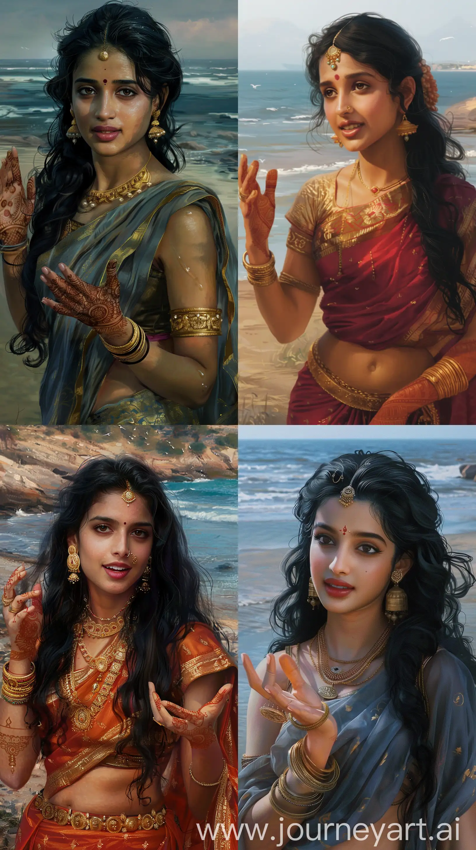 Beautiful young Indian woman from ancient times in her late twenties, black long hair, seen talking while, moving hand gesture, sea shore, intricate details, 8k quality image in Raj Ravi Varma art style --ar 9:16 --v 6