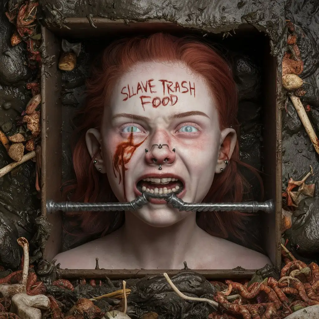 3d ultra realist resolution render, unreal engine render image portrait close up of redhead young twenty girl russian women screaming crying painful head inside box, burned write "slave trash food" on head, nose piercing, mouth iron tube pipe fixed, mouth iron bounded, mouth piercing, liquid mud organic trash bones worms overflow box high face .