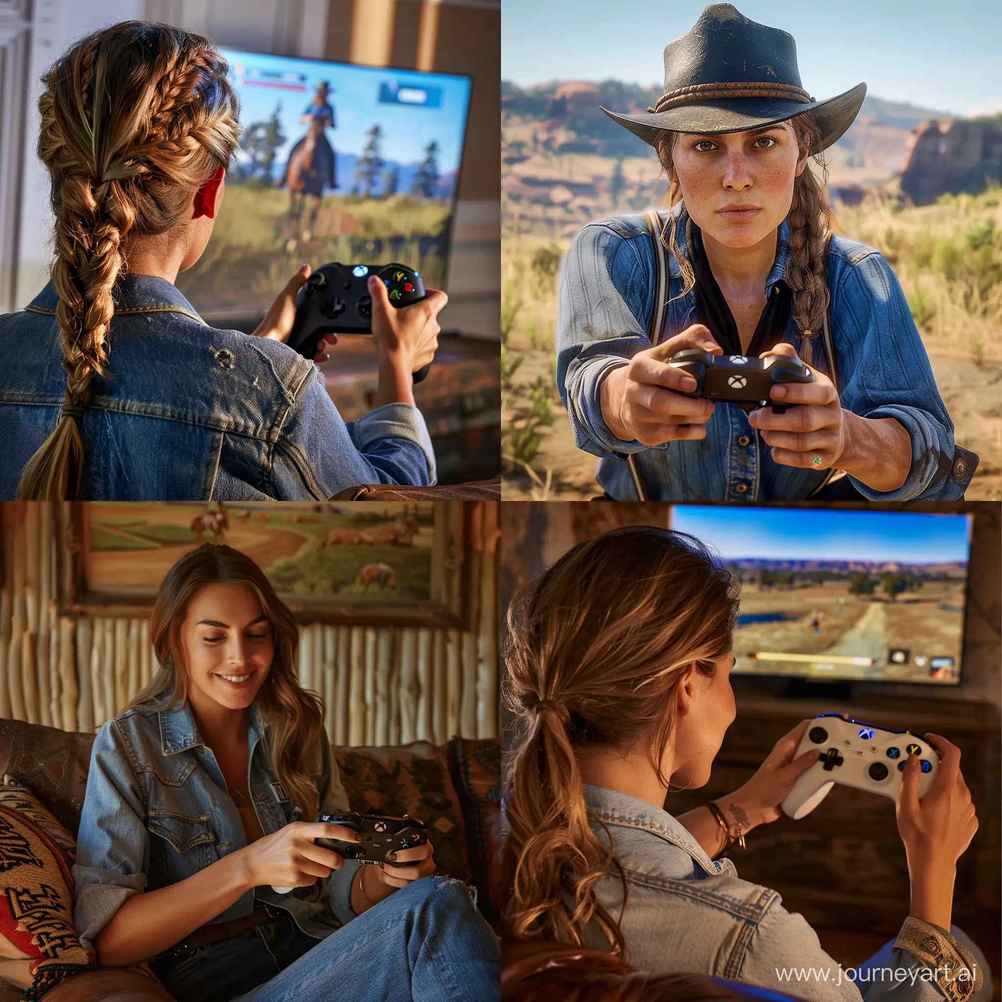 A woman, playing Xbox One, the game Played by her is red dead redemption 2 