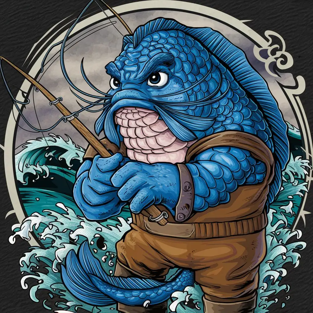 blubba the fishman fisherman is a blue scaled fishheaded seaman with long catfish whiskers and a solid build, he wears brown waterwaders, holds a long fishingpole, black eyes buldge