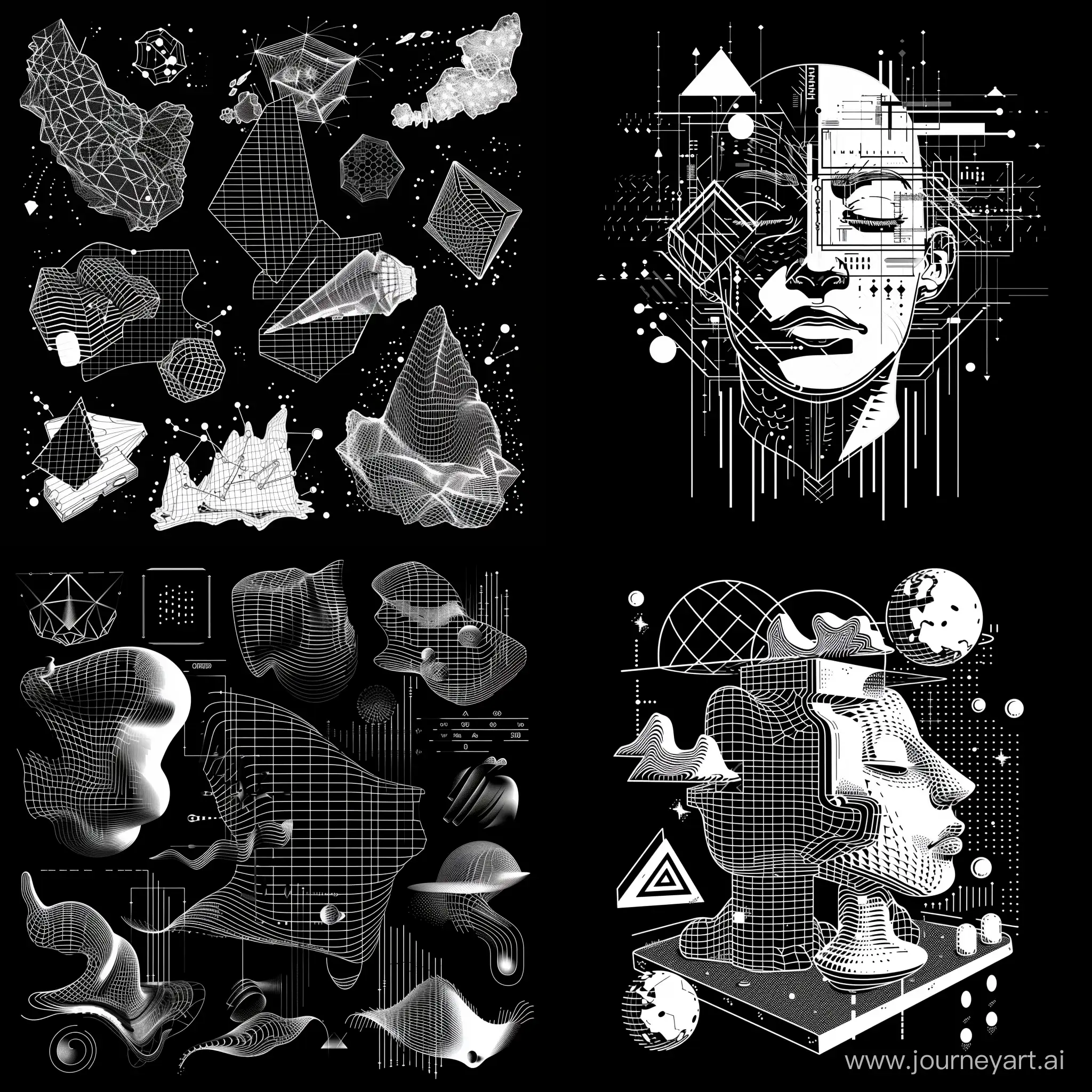 Cyber distorted shape, retro punk design elements. Melting geometry y2k elements. Isolated wireframe style on black background. Vector trendy illustration. Pro Vector.