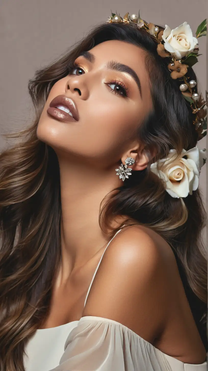 photoshoot with grey background of beautiful woman, dressed nicely, sheer blouse with voluminous sleeves, nice jewelry, beautiful big taupe matte lips, makeup, long  balayage wavy hair, with captivating eyes and a passionate expression, wearing flower crown, ultra-realistic