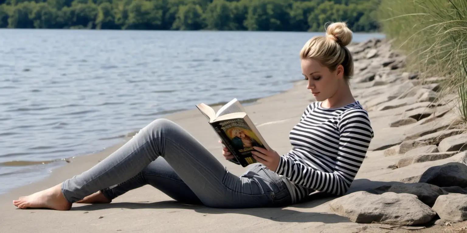 Young Woman Relaxing by the Lakeshore with a Book