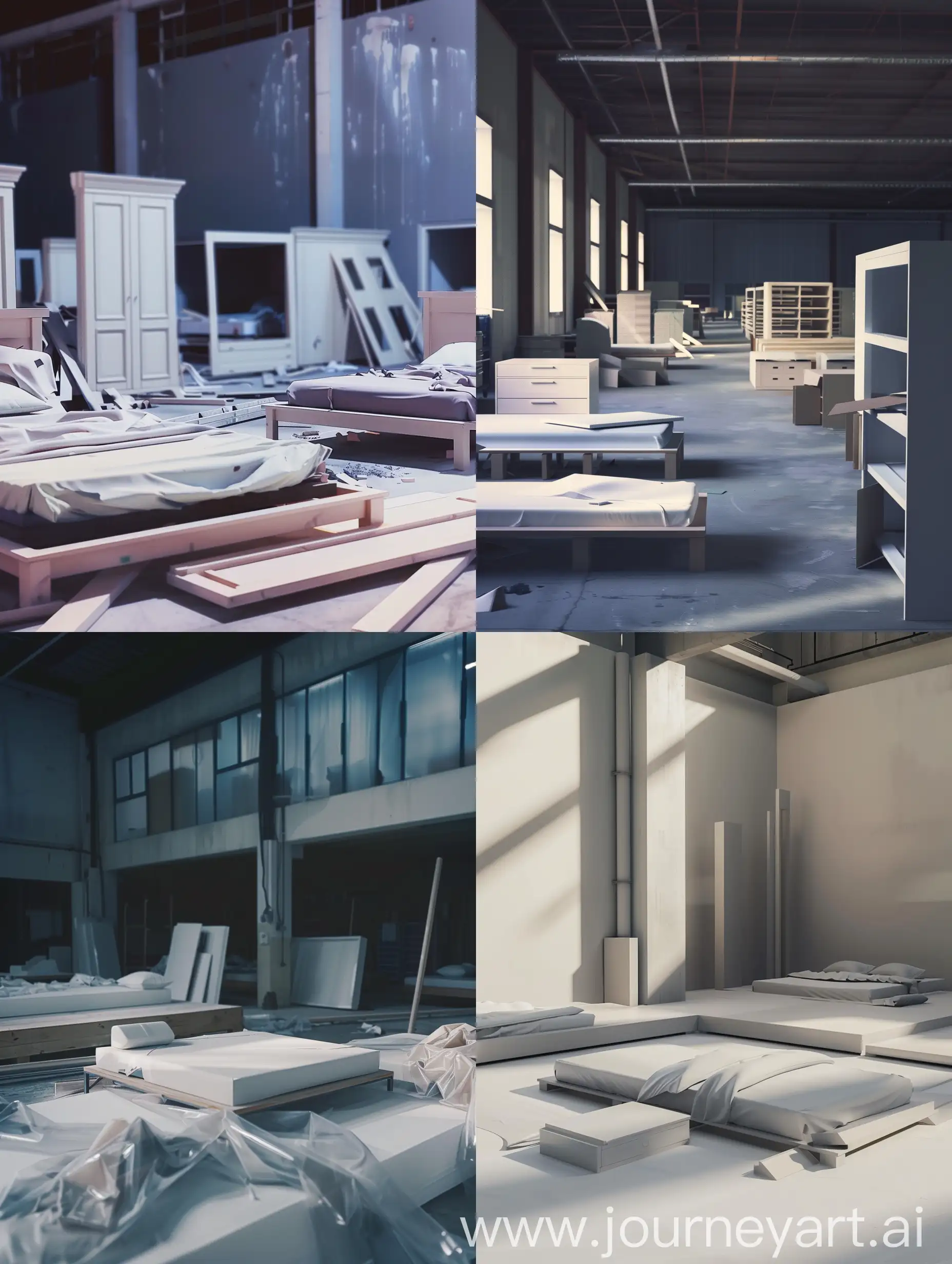 A very realistic phone photo of a disassembled bedroom in a bedroom manufacturing factory, empty of humans, no one, excellent lighting, medium shot, Soft colors --ar 3:4 --s 0 --style raw --v 6 