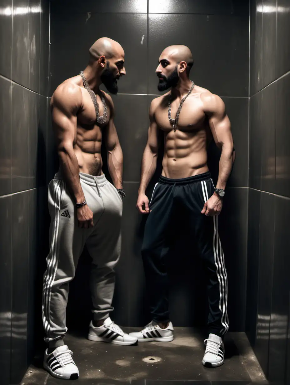 two arabic guys, tall, fitness body, shirtless, beard, shaved head, one man standing, one man squatting, wearing chain necklace,  wearing sweatpants and adidas sneakers, standing in front of each other in a dirty dark public toilet, looking at each other with bromance