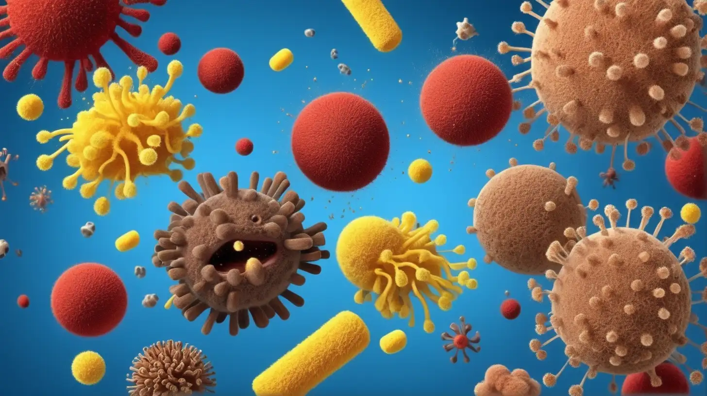 image of cartoon particles, some red allergens, yellow dust, and brown pet danger. On blue background