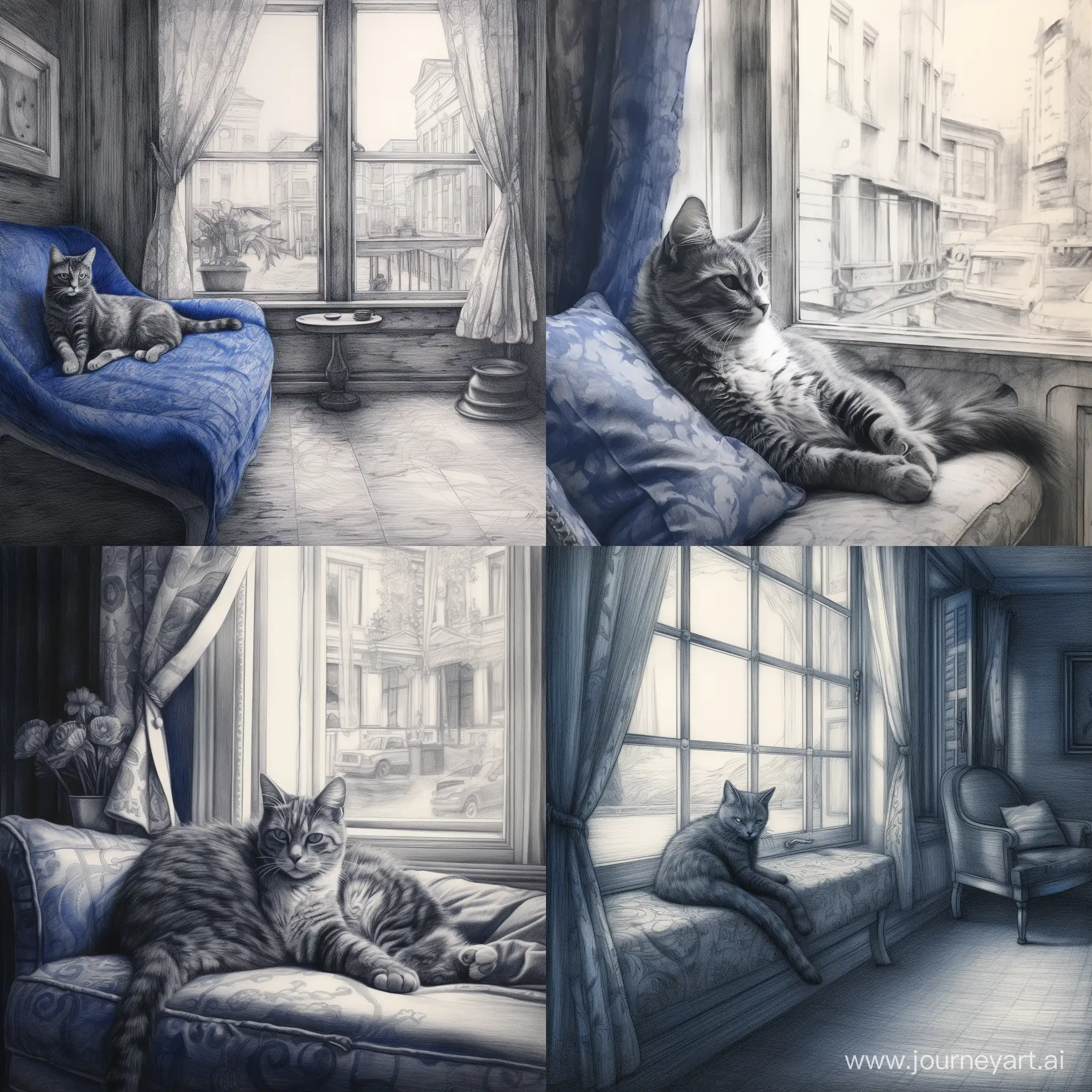 Рисунок карандашом, голубая кошка с черными узорами лениво разлеглась на фоне окна, мягкий свет проникает через окна отбрасывая блики на кошку