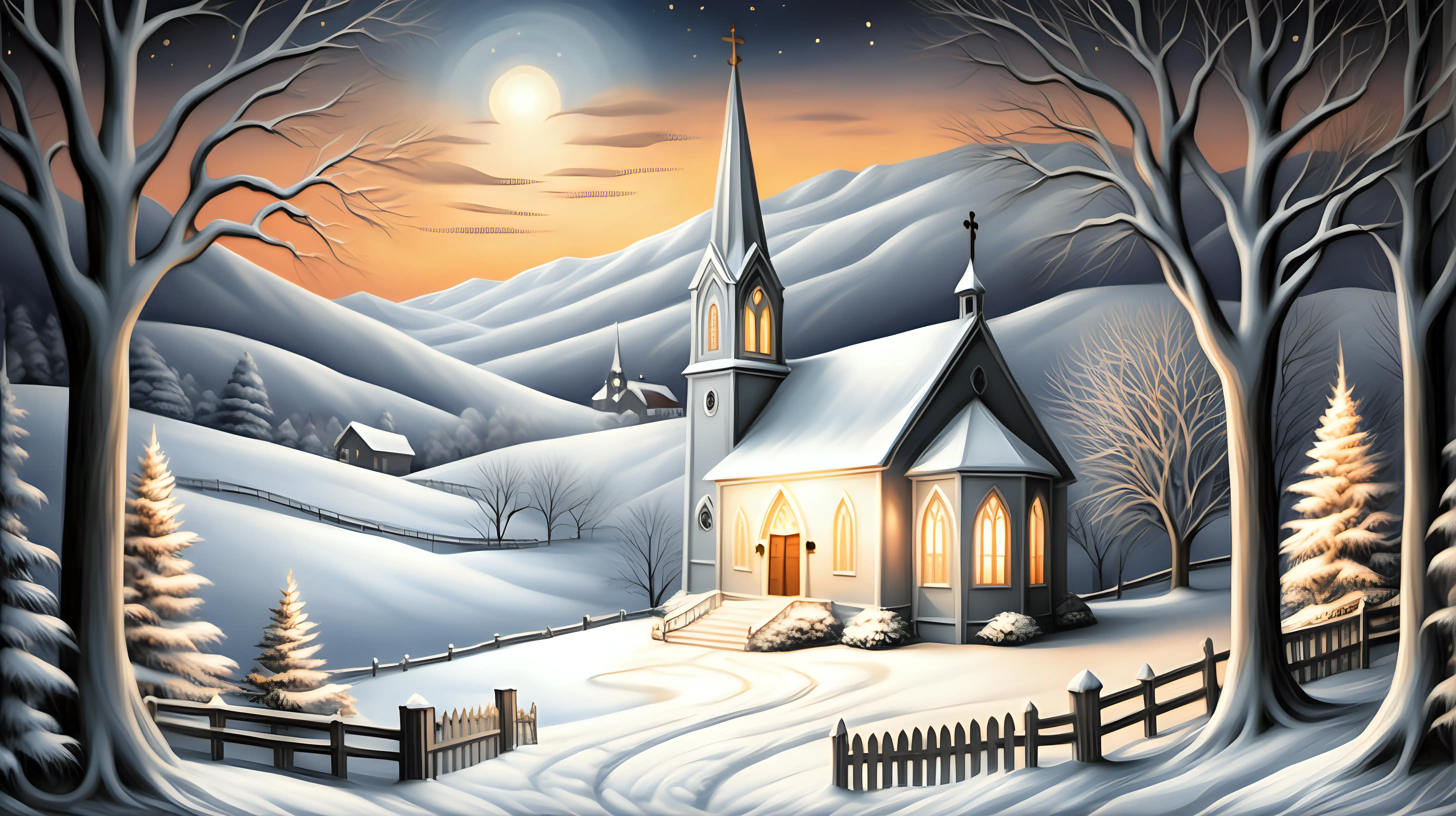 Tranquil Winter Scene Candlelit Church Radiating Peace