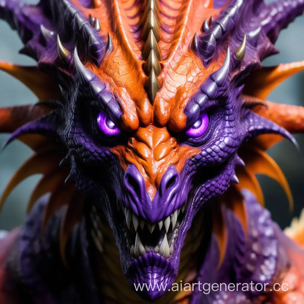 лицо взрослого брутального оранжевого драконоподобного человека с фиолетовыми глазами
