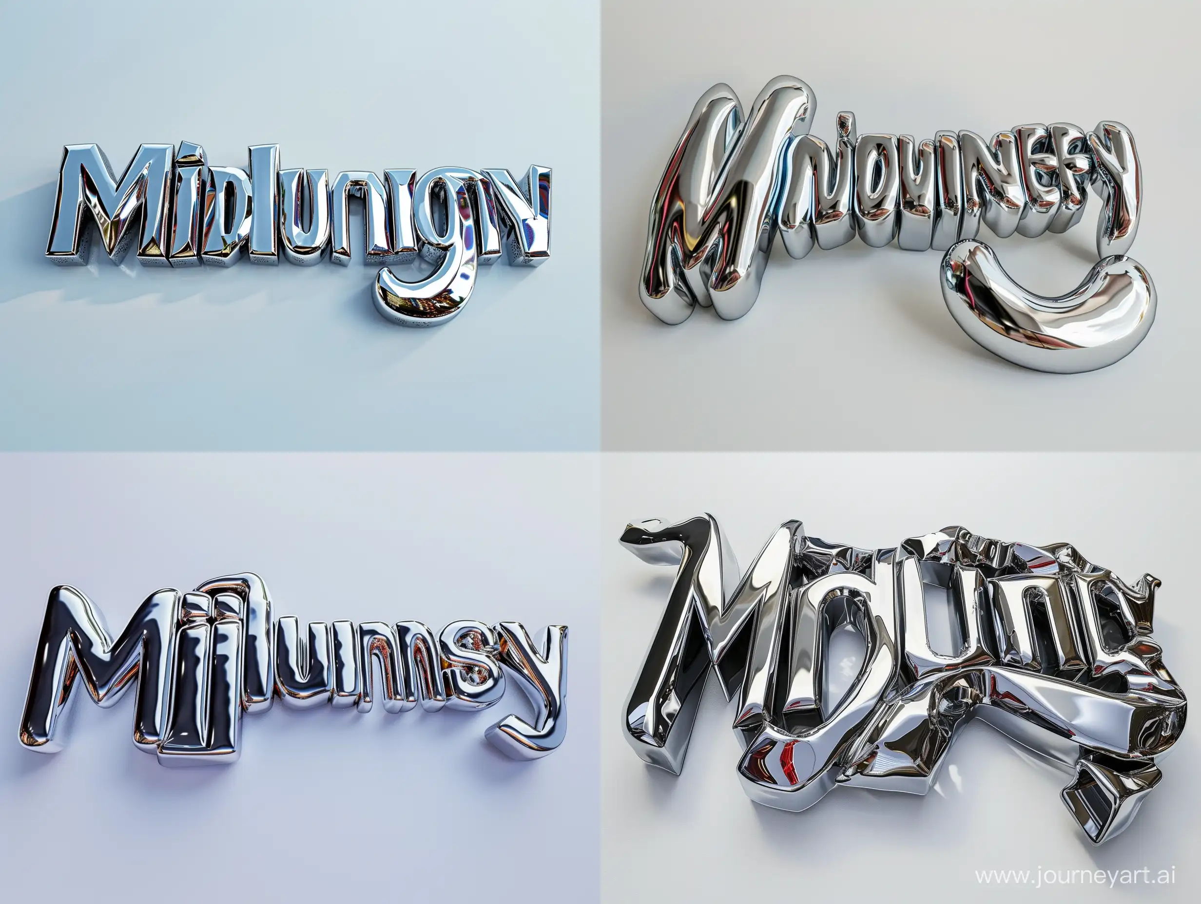 detail photo: word "Midjourney" with highly reflective metallic chrome surface, sleek, blocky, sharp curved angles, cool tones, isolated on white 