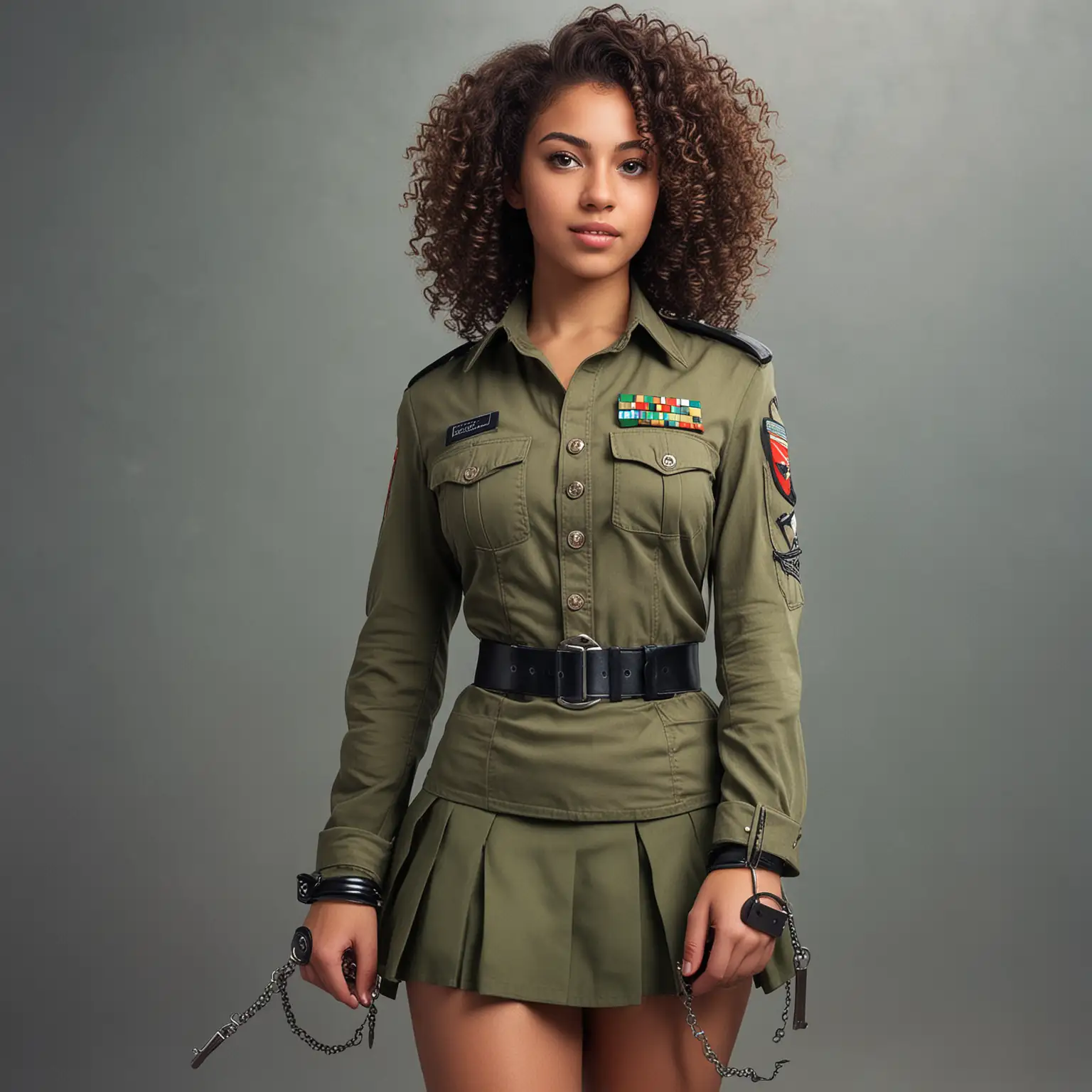 A 20-year-old giantess with dark skin and curly hair in military attire, including a military skirt, show her handcuff people