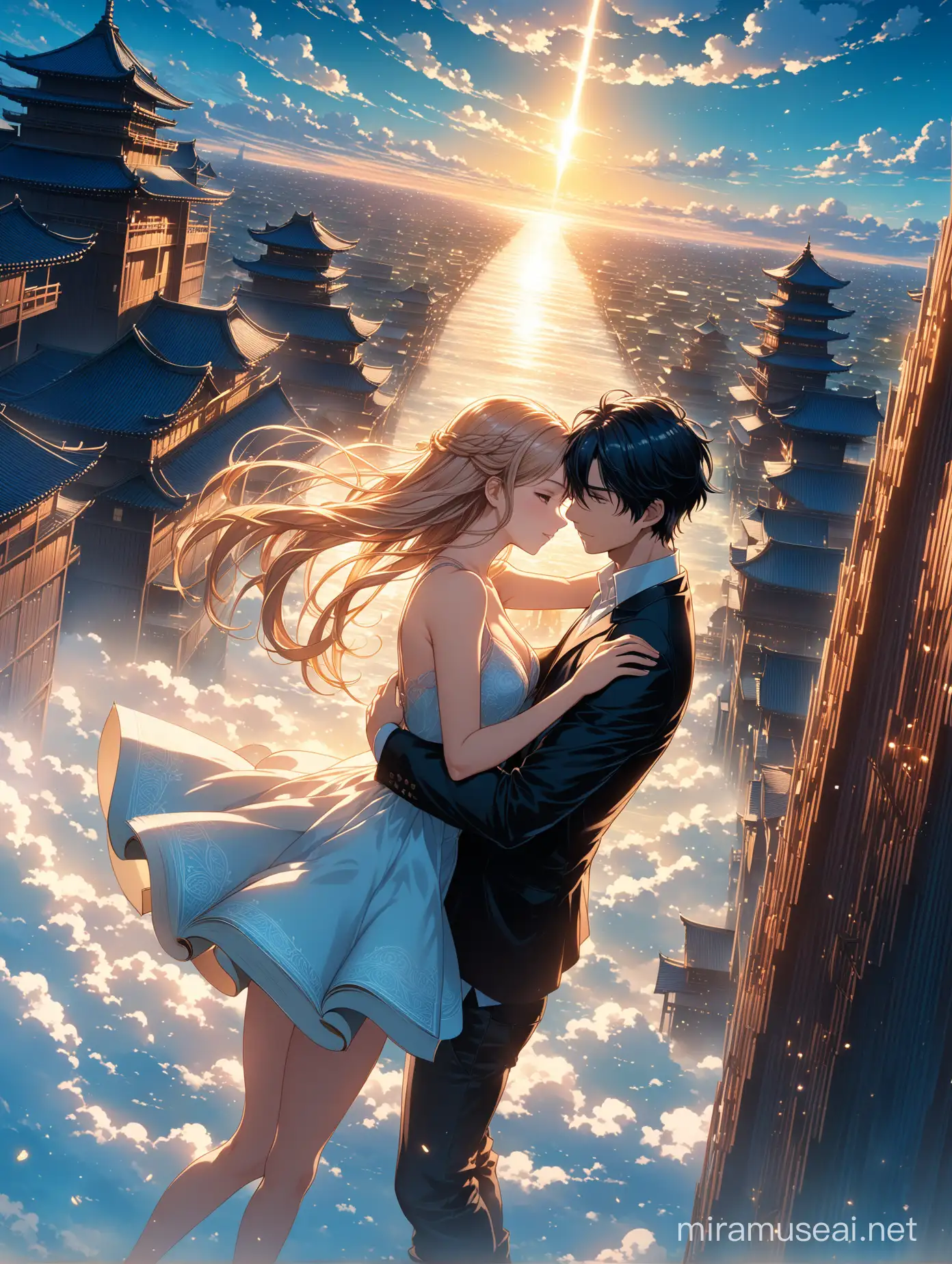 Kyoto animation stylized anime mixed with makoto shinkai ~two main leads from a shoujo anime falling from the sky hugging each other, tears floating upwards, background of the sky. Cinematic Lighting, ethereal light, intricate details, extremely detailed, complex details, insanely detailed and intricate, hypermaximalist, extremely detailed with rich colors. masterpiece, best quality, aerial view, HDR, UHD, unreal engine. Smooth skin, dark fantasy novel, book cover, ((acrylic illustration by artgerm, by kawacy, by John Singer Sargenti) light fantasy background, book cover, fair skin, edgy, reunited at last, shoujo anime aesthetic, love story, rich in details, high quality, gorgeous, dystopian, final fantasy style, gorgeous, glamorous, 8k, super detail, gorgeous light and shadow, detailed decoration, detailed lines,  cinematic, action, book cover,