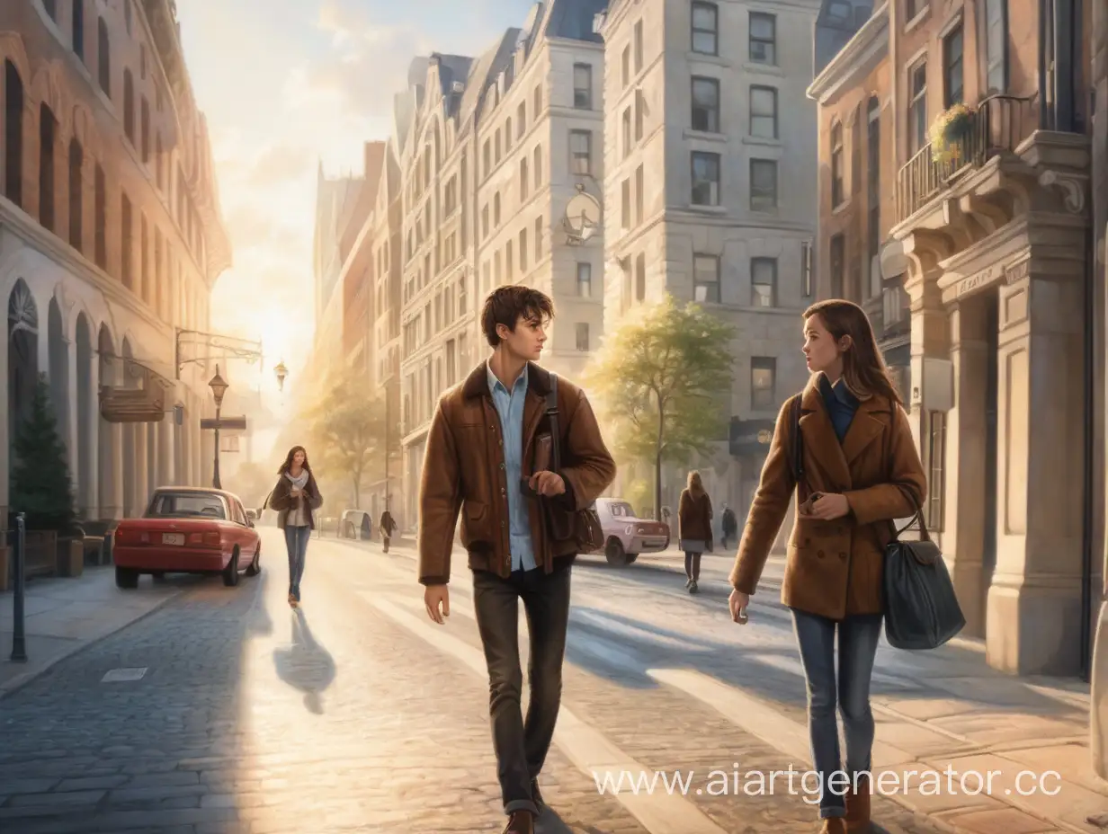 A young man is walking through the city in the morning, and a young woman is walking towards him.