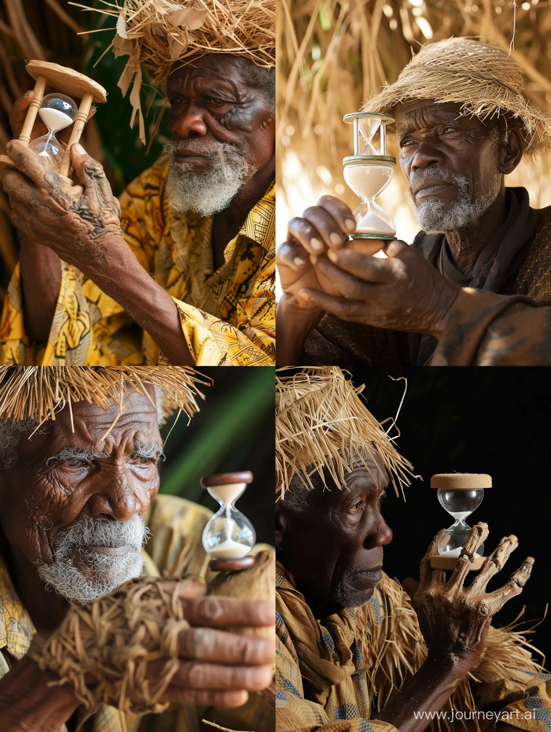 Old African man wearing an old straw hand and stealing at the hour glass on his hand