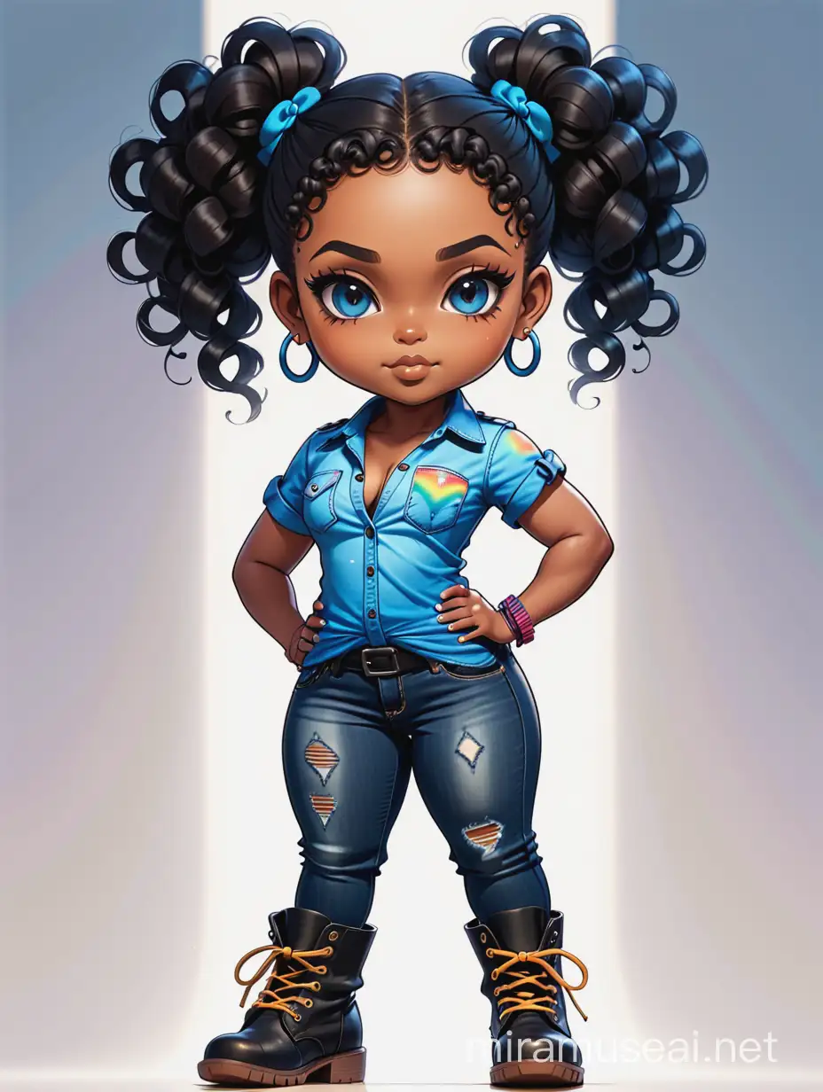 create an silhouette art style illustration of a chibi cartoon voluptuous black female wearing a blue jean outfit with a tie dye tshirt with biker boots. Prominent make up with hazel eyes. Extremely highly detail of a tight curly black bantu knots. Background of a bike show