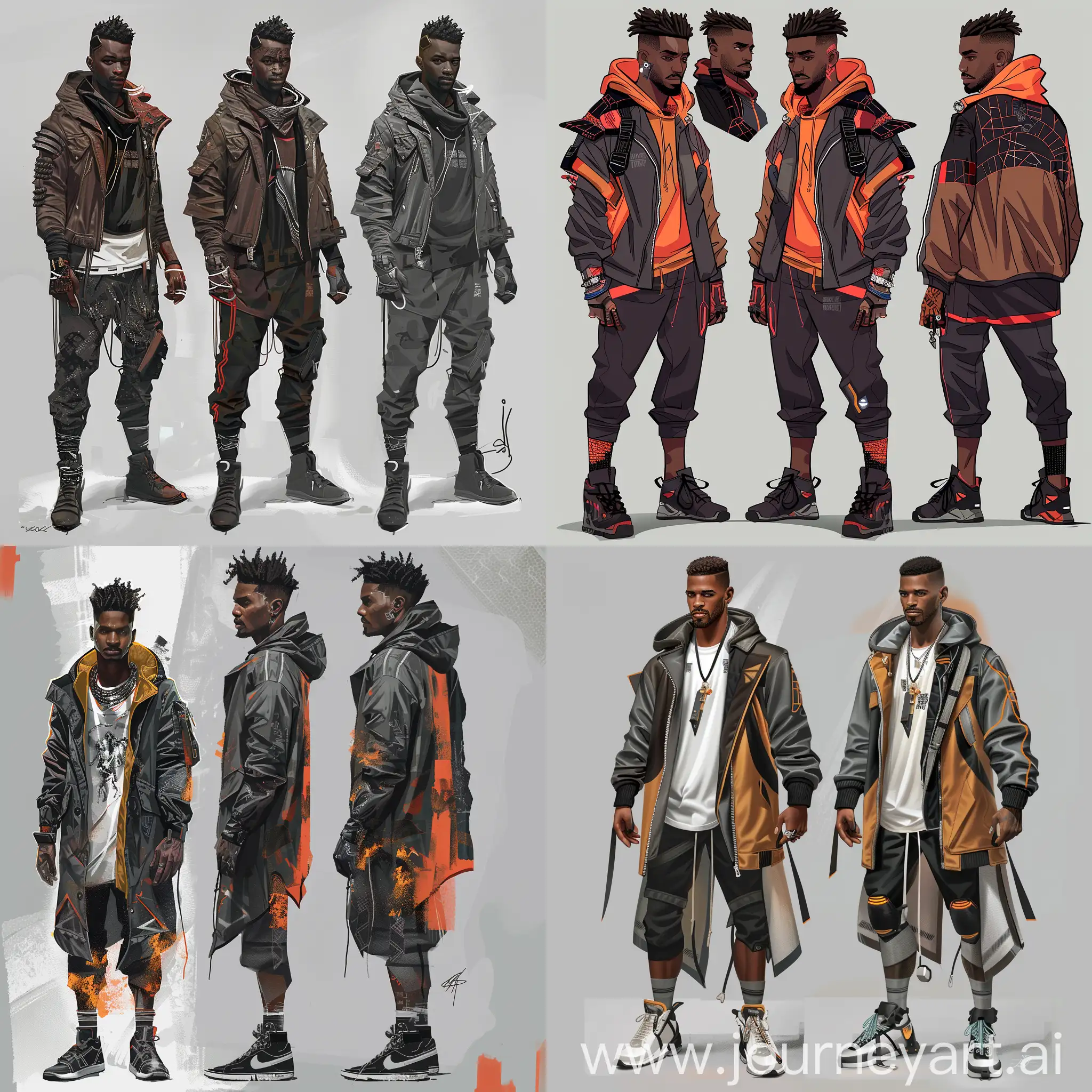 A black man as a urban ninja. He must be dressed in modern clothes but styled like a rogue in a fantasy. Wears a stylish designer jacket as well. Tech-wear street fashion. Character turn around sheet.