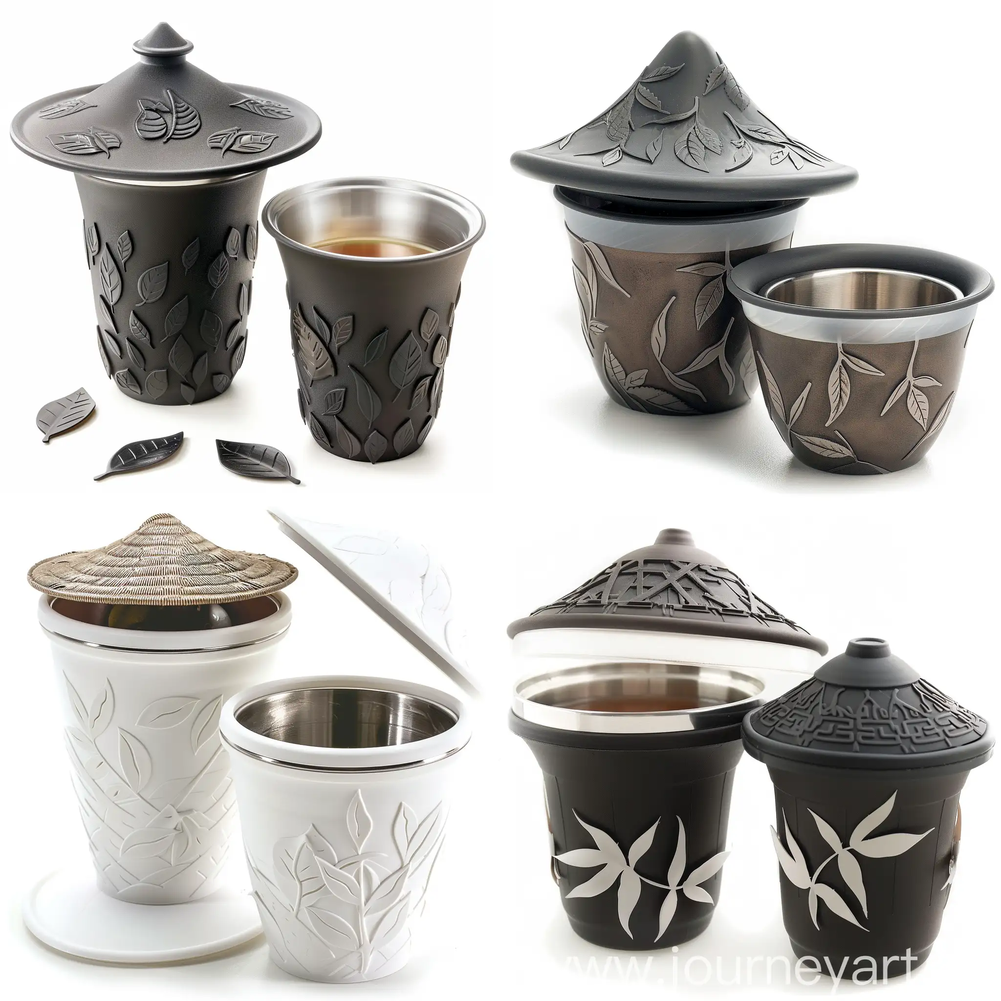 Quick Cup tea set, including two plastic cups with stainless steel inner lining, a lid shaped like a traditional Chinese hat, and the body of the Quick Cup featuring raised tea leaf patterns.