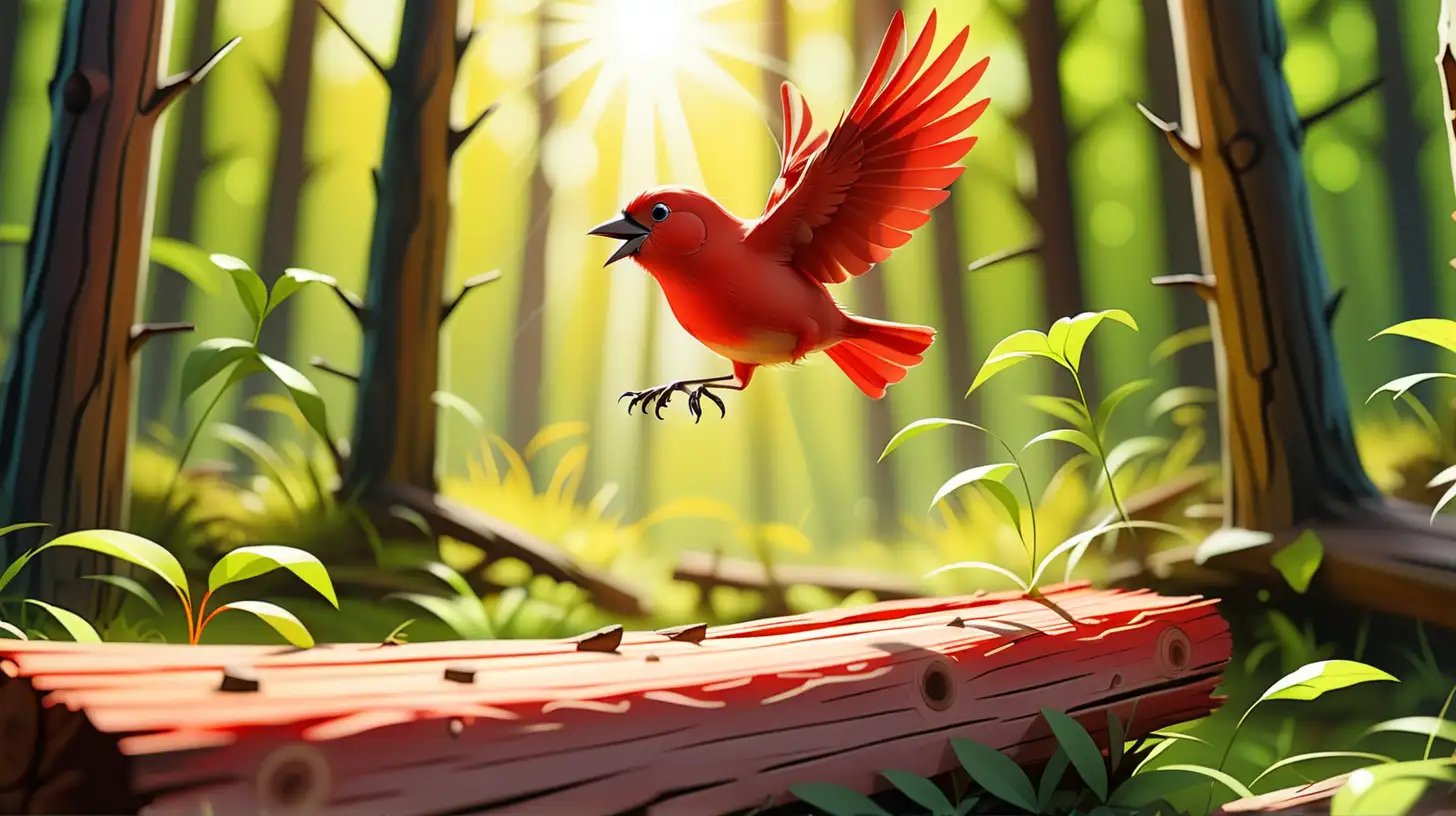 sunny forest, small red bird is jumping on the wood 