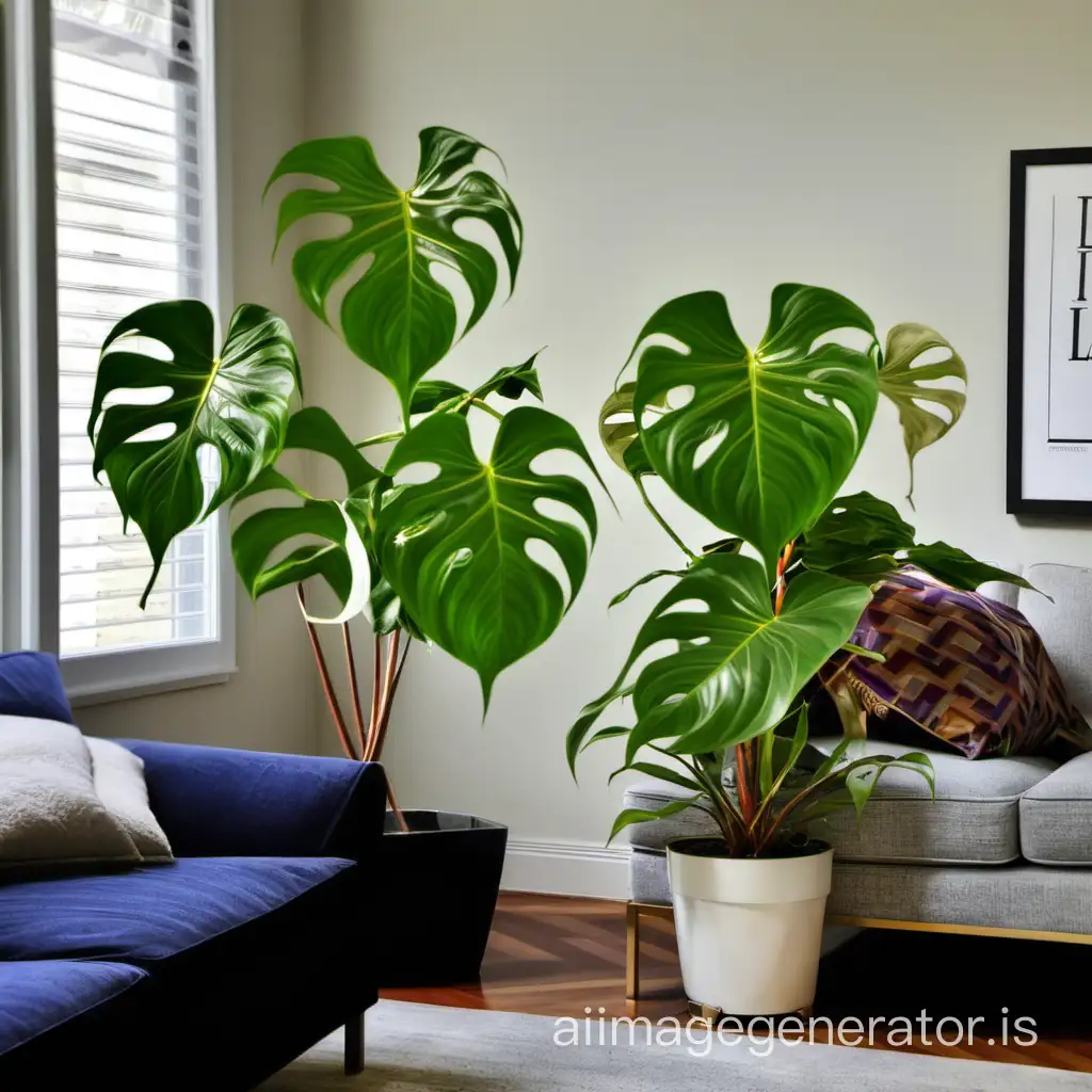 Lush-Philodendron-Plants-Enlivening-a-Cozy-Living-Room