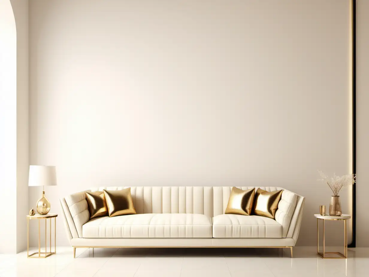 Commercial Photography, modern minimalist interior with cream white wall, sofa and golden
