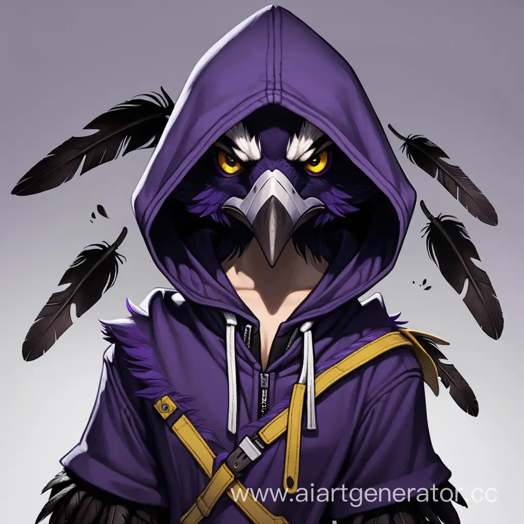 Kenku female, hoodie, short pants, switch knife, yellow eyes, black feathers, eyebrows, portrait, purple eyeliner 