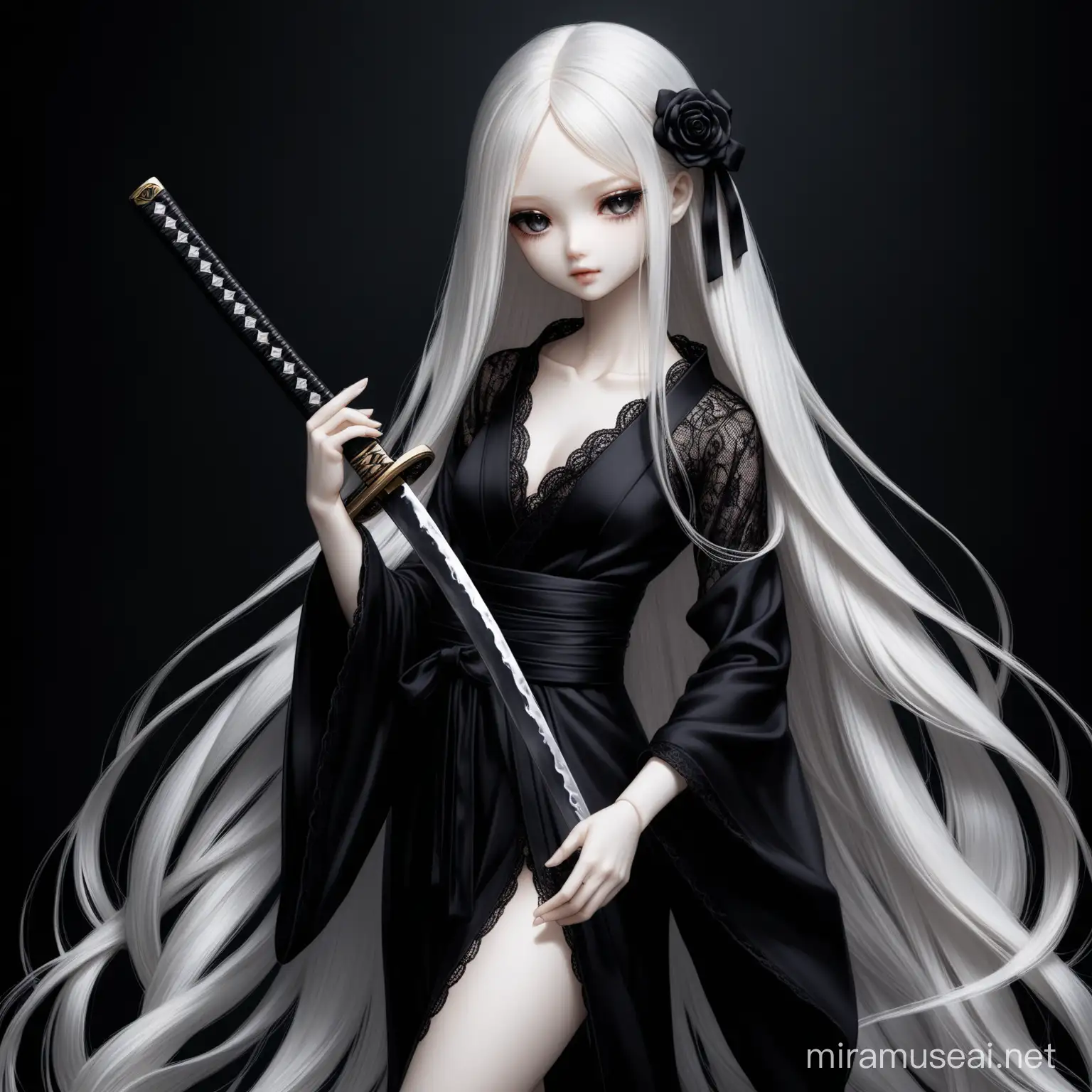 hyper detailed, hyperrealism, jointed BJD doll, smokey eyes, long black eyelashes, hyper detailed, hyperrealism, very long platinum hair, platinum straight long hair, very long hair, black bows in hair, long black kimono, flowing lace, very long silk black sleeves, bare collarbones, katana in the hand, black roses, darkness, dark velvet background