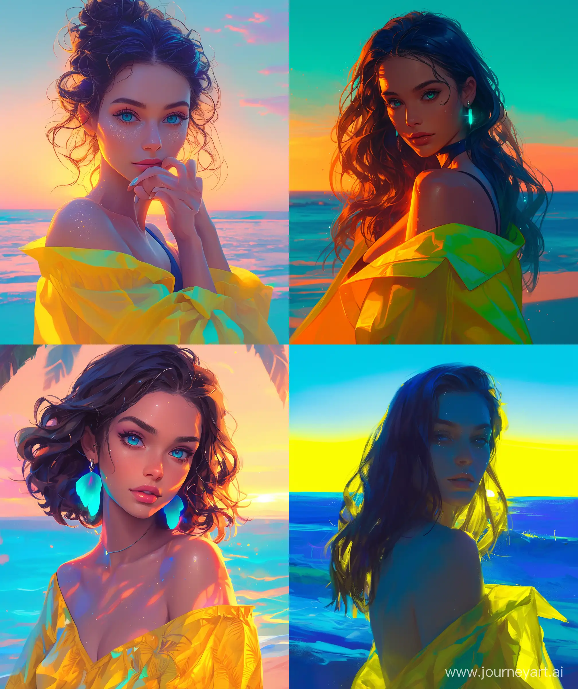 Beautiful woman , tropical love paradise, ocean, sand sunset, neon yellow and Aqua Blue style, love, beautiful ocean view, glistening light, looking at viewer, upper body, --ar 27:32 --niji 6