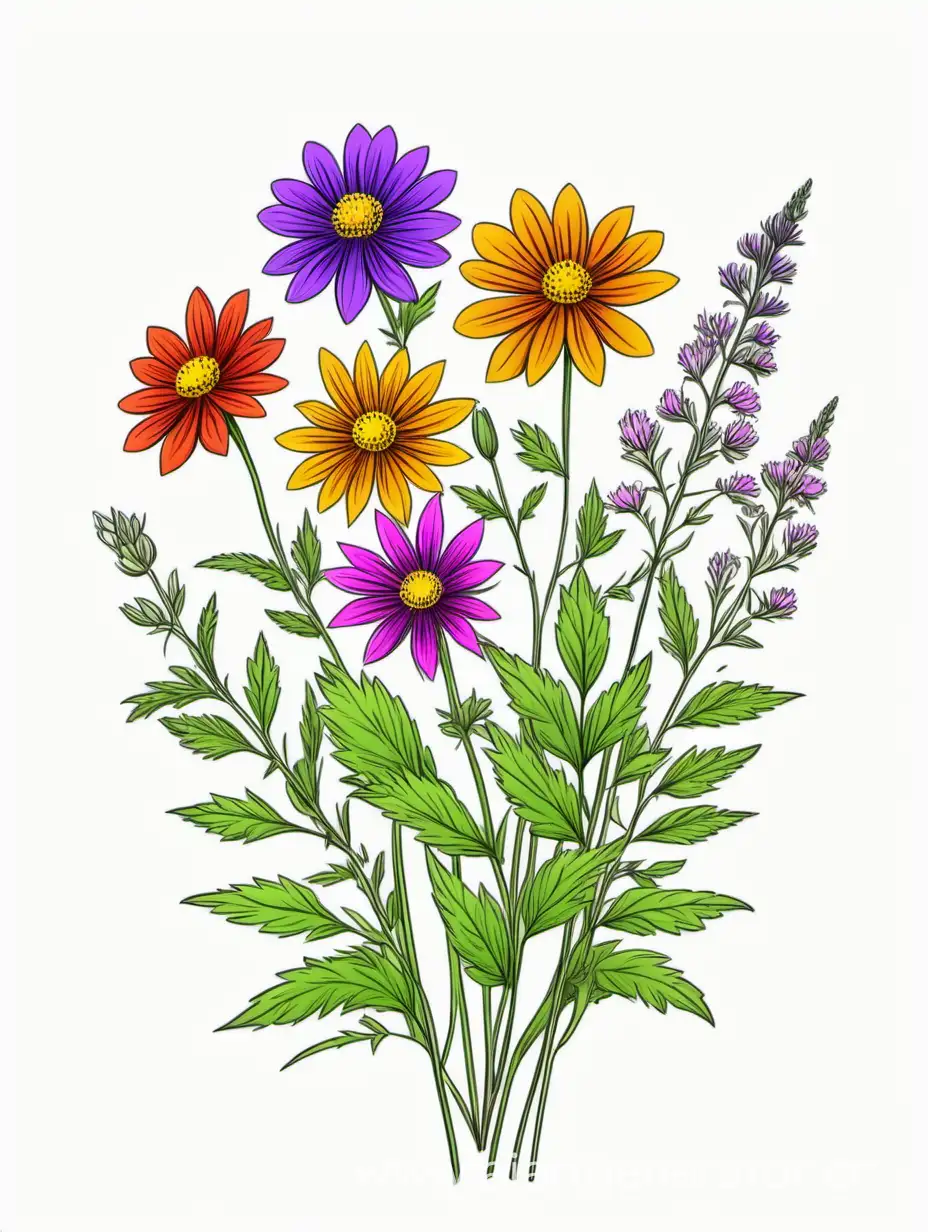 Vibrant-Cluster-of-Wildflowers-in-4K-Elegant-and-Simple-Herb-Botanical-Lines-Art