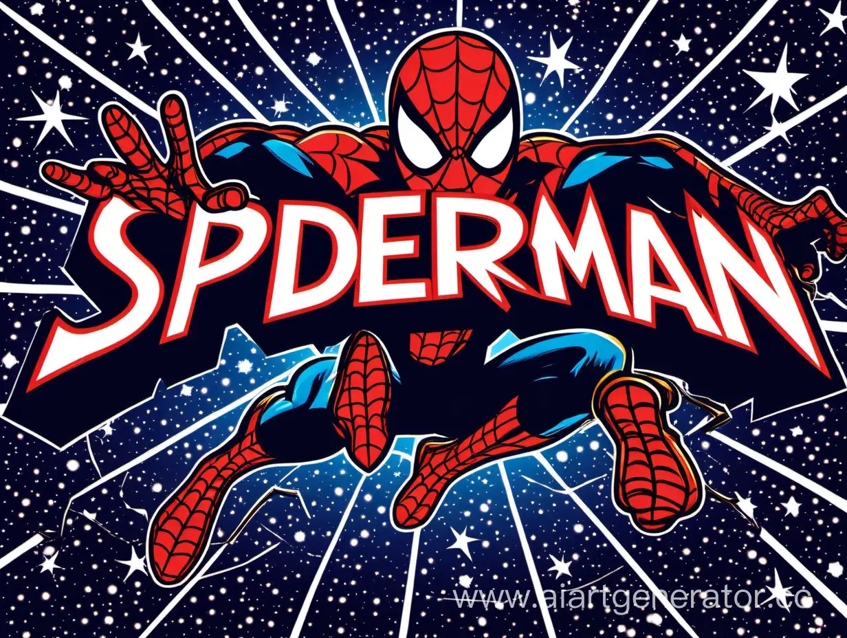 На логотипе изображен Spider Man, в полете, в окружении звездного неба. Шрифт лого выполнен в стиле комиксов Marvel, с яркими цветами и динамичными элементами. Чтобы подчеркнуть тематику, можно добавить паутину вокруг лого надпись MARVEL на английском.