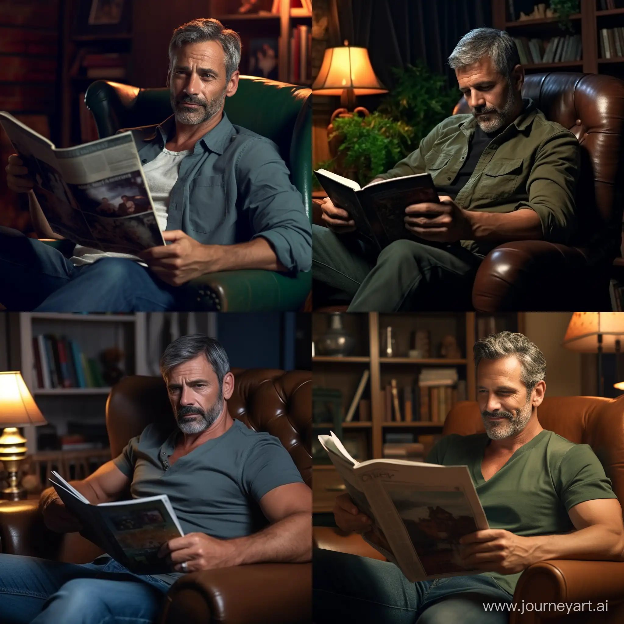 Create a vivid and exciting narrative describing a scene in which a 45-50-year-old male professor in blue jeans and a gray-green T-shirt, this man is actor Erast Garin. Erast Garin is sitting in a brown leather armchair and reading a magazine. Cinematic quality, perfect photography, masterpiece, 4k