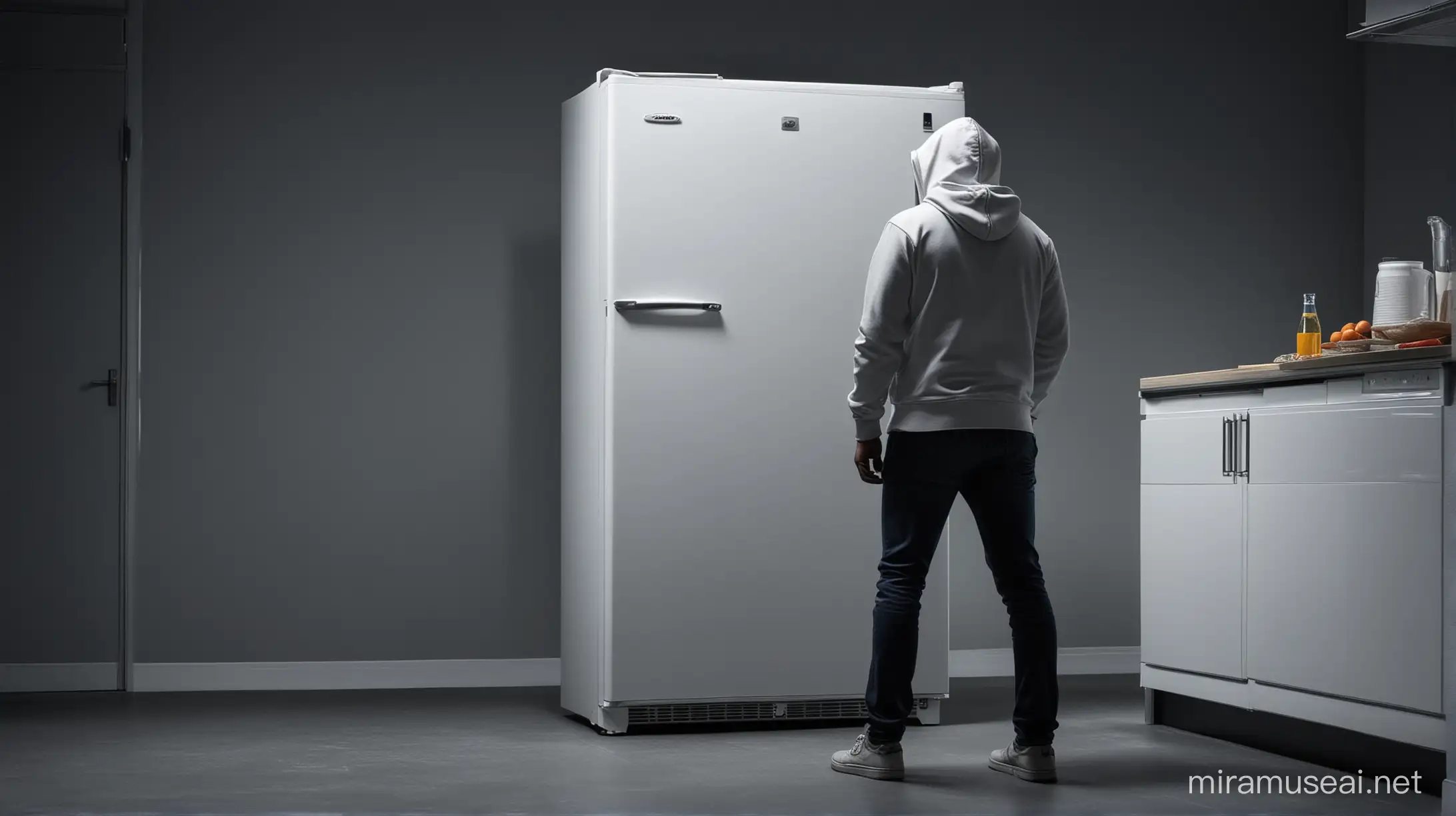 Create a realistic AI image of a dark room with a L Double Door White Hard Top Deep Freezer as the focal point. Show a indian man standing in front of the fridge, wearing a hoodie, and captured from behind. The scene should convey a sense of mystery or suspense, with the man's presence adding an element of intrigue. Use lighting and shadows to enhance the mood of the image, emphasizing the contrast between the white fridge and the dark surroundings