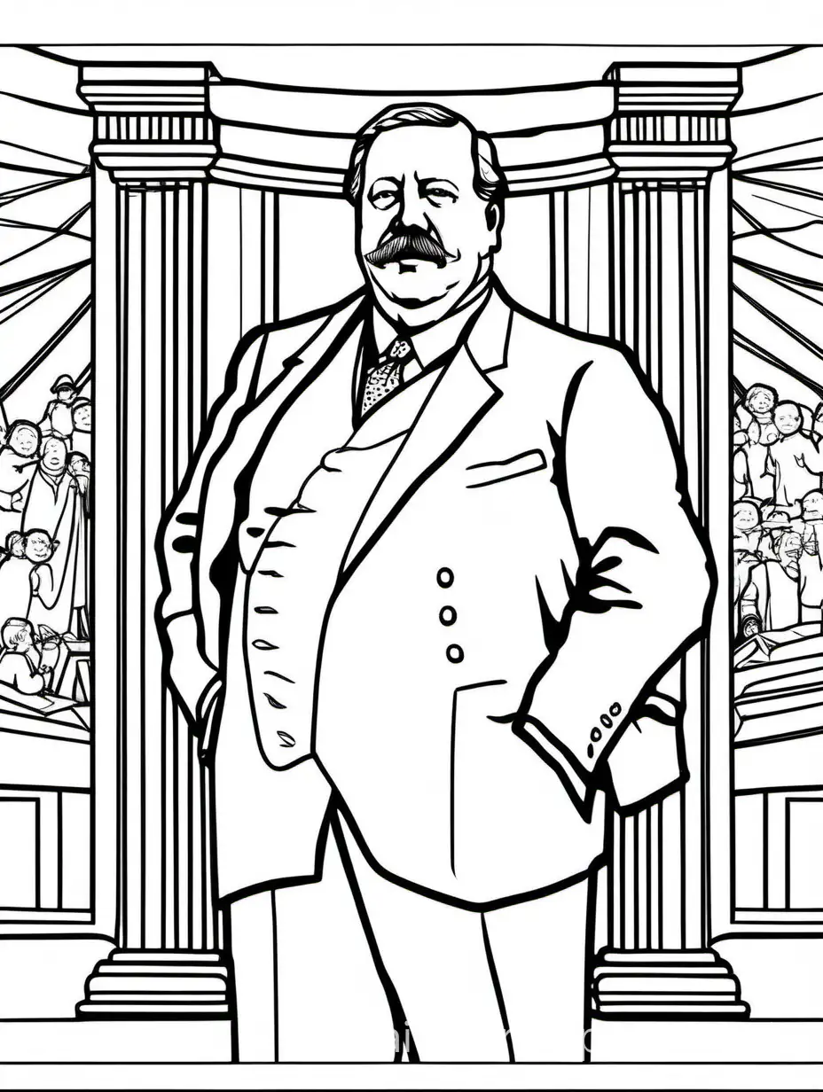 outline of President William Howard Taft, with large black lines for a kids coloring book, Coloring Page, black and white, line art, white background, Simplicity, Ample White Space. The background of the coloring page is plain white to make it easy for young children to color within the lines. The outlines of all the subjects are easy to distinguish, making it simple for kids to color without too much difficulty
