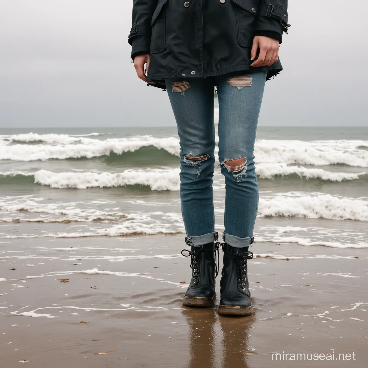 Woman staring out into ocean from beach wearing doc Martin boots,black oea coat, and ripped jeans full body rear view 