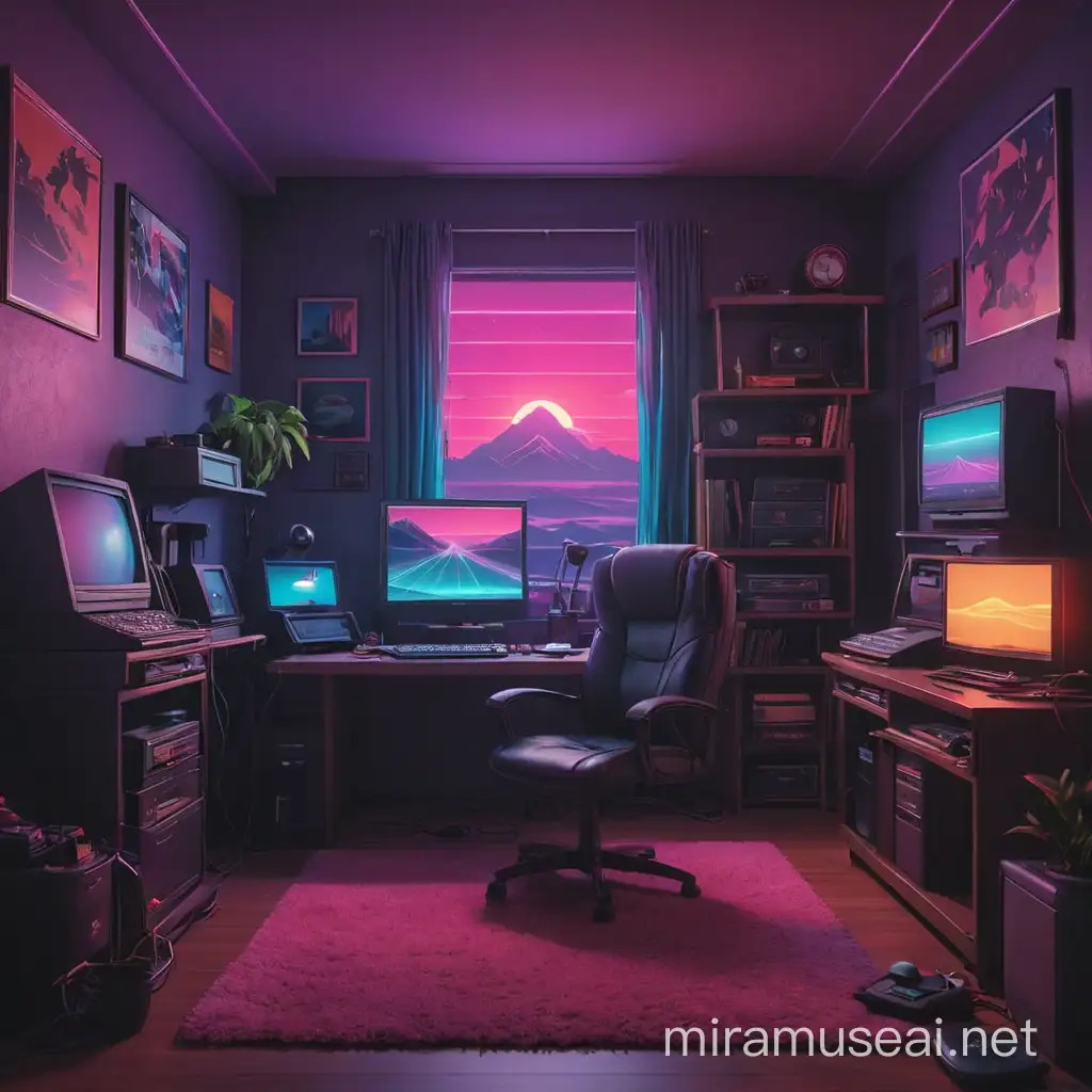 Retro Synthwave Room with Vintage Computer