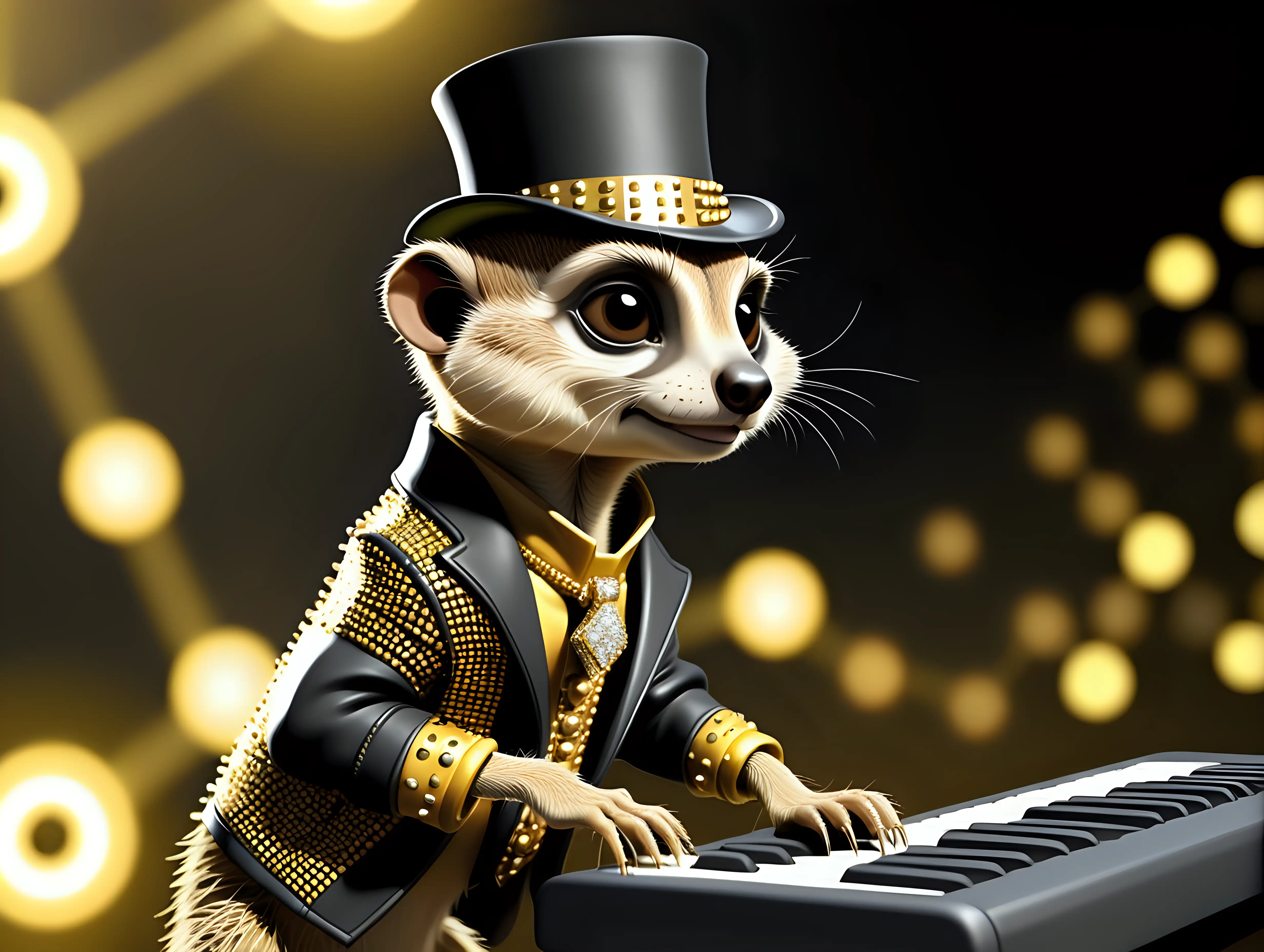 A male meercat dressed glam with a gold top hat, gold jewelery and a long black and gold studded jacket playing a black keyboard. Make the background a stage with lights. Camera angle full body view 