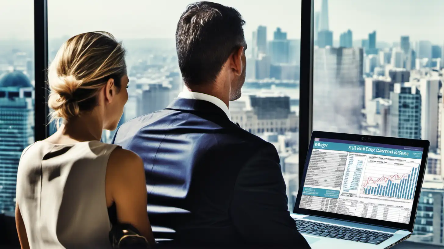 looking over the shoulder of man and woman executive viewing financial data on laptop with city  in background