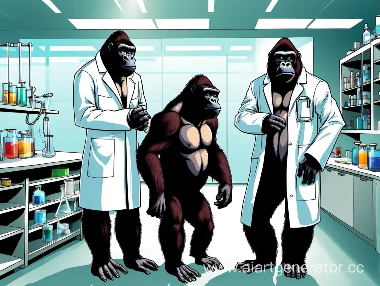 Две гориллы в лаборанта в лабораторных халатах и одна горилла в костюме стоят в лаборатории 