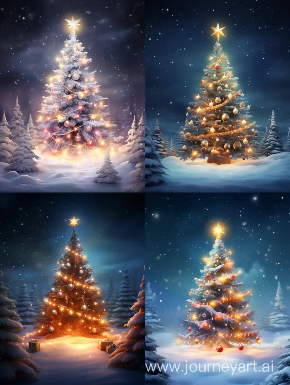  digital art, soft lighting, festive, a magical Christmas tree adorned with twinkling lights, ornaments, and a star on top against a snowy winter background. In a warm and enchanting style