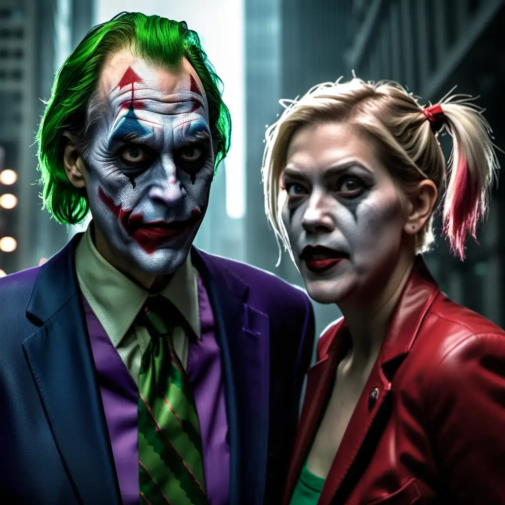 Gary Gensler as the joker, Elizabeth Warren as Harley Quinn, diabolical, up to no good, detailed, 8k resolution, imax camera, Gotham city, ultra realistic 