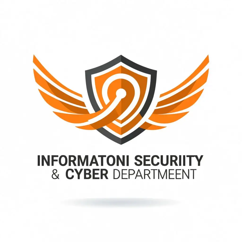 a logo design,with the text "information security & cyber department", main symbol:infinity symbol
shield
wings
main color orange
,Minimalistic,be used in Technology industry,clear background