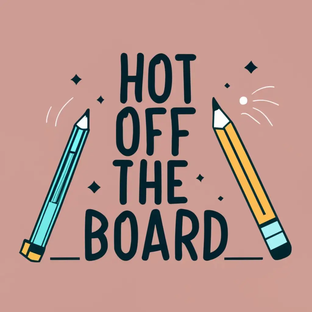 logo, Drawing pad with pens, pencils, with the text "Hot off the board", typography, be used in Technology industry