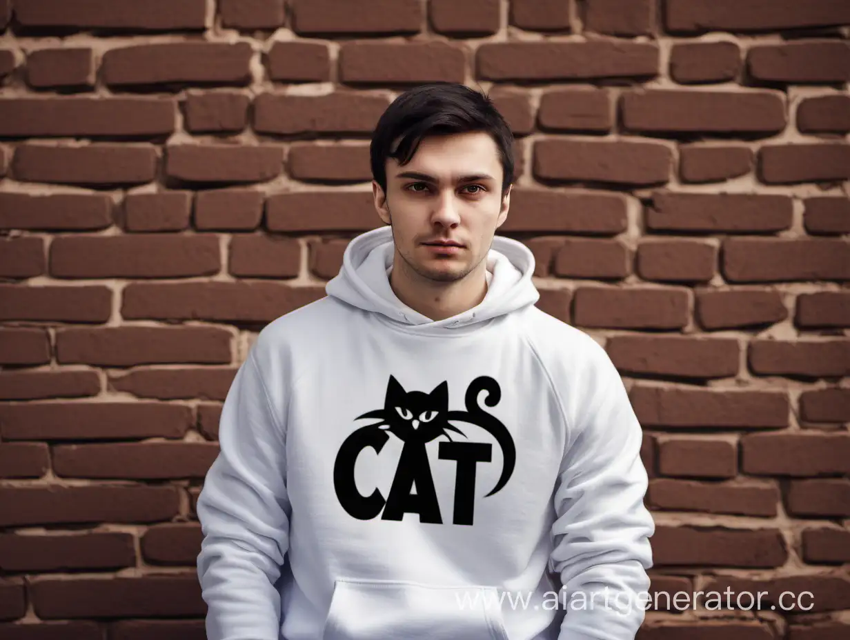 Русский темноволосый парень 29 лет. В белой толстовке  с логотипом  кота из игры STRAY. Стоит на фоне  стены из кирпичей 