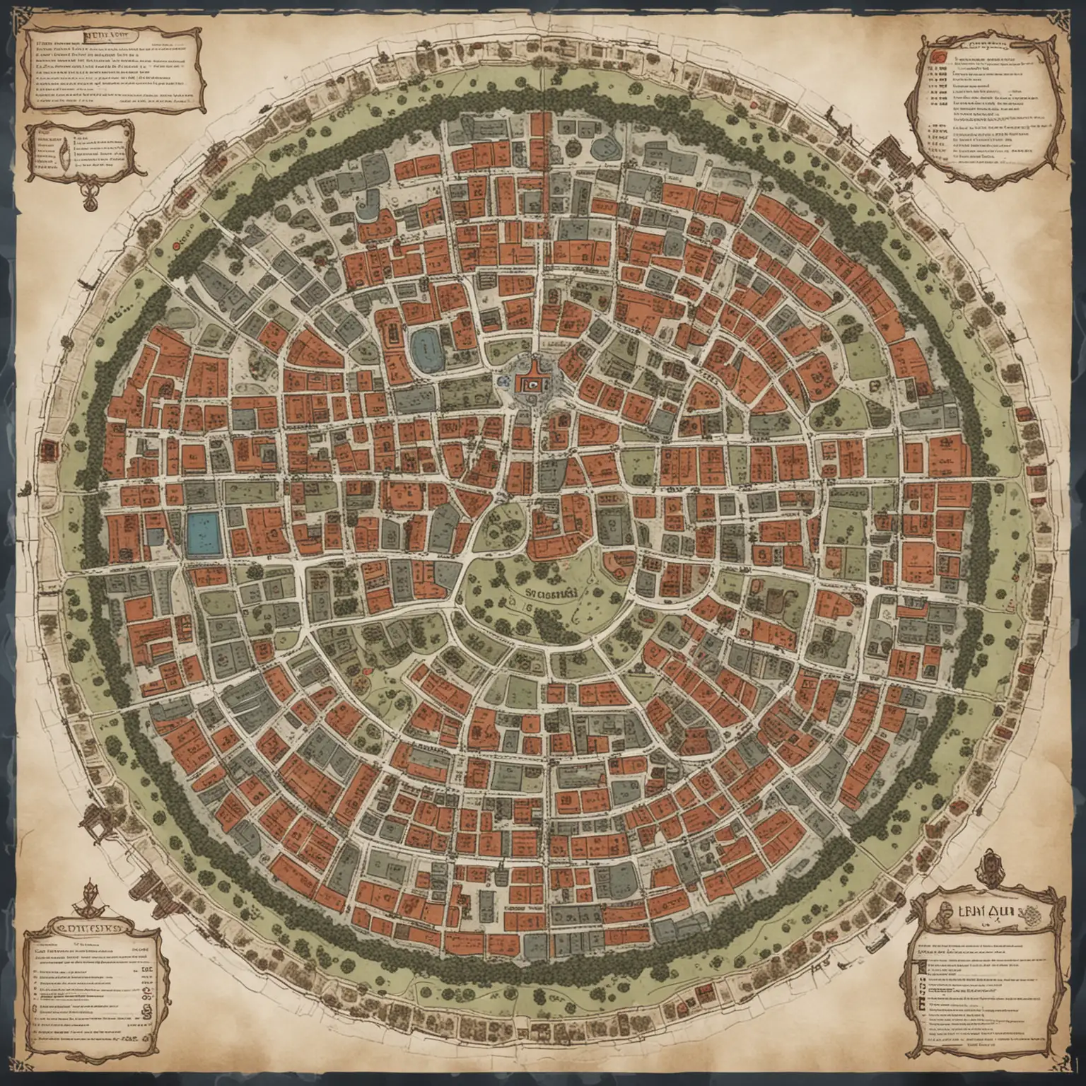 DND style combat map of round city, 25,000 population
three tiers, coloured
