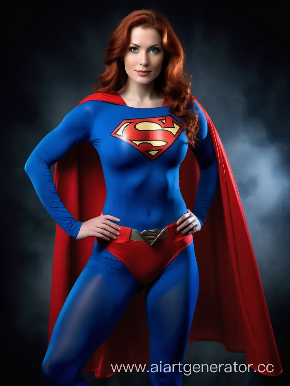 A pretty woman with auburn hair, age 26, She is confident and strong. She is wearing a Superman costume with (blue leggings), (long blue sleeves), red briefs, and a long flowing cape. She is posed like a superhero, strong and powerful. Bright photo studio. Superman The Movie. 