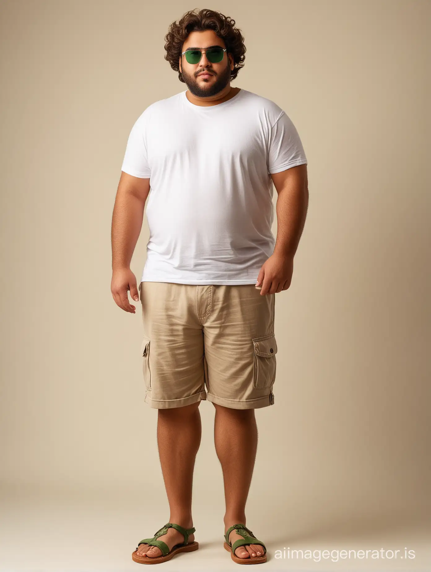 iranian fat man 20 years old, wearing white T-shirt ,brown short pnats, green sandals, white sunglasses, long brown curly hair,  full body shot, fantasy  light cream solid background, dramatic lighting